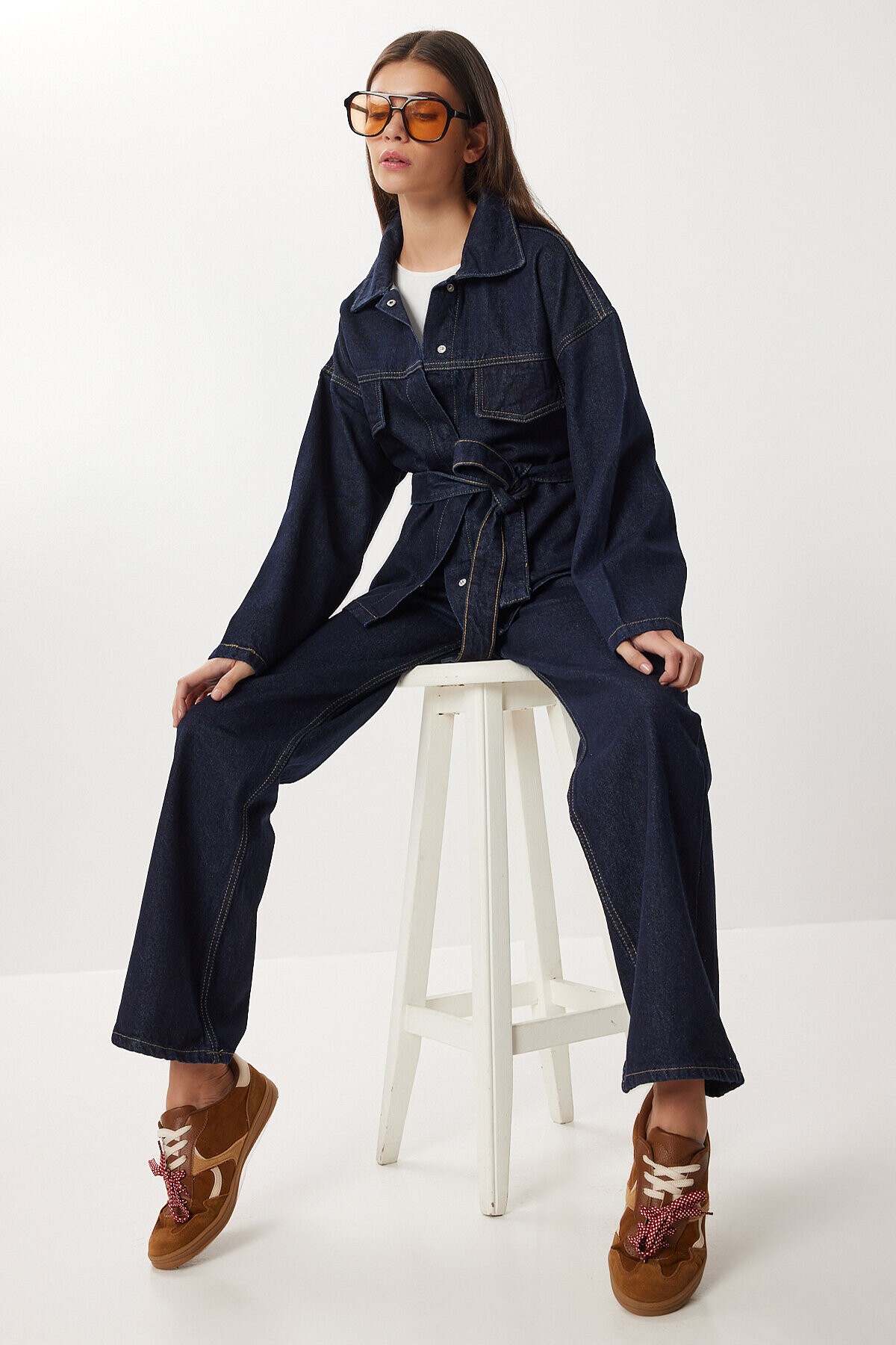 Kuşaklı Denim Ceket Pantolon Takım T0242 KOYU MAVİ LRI0020