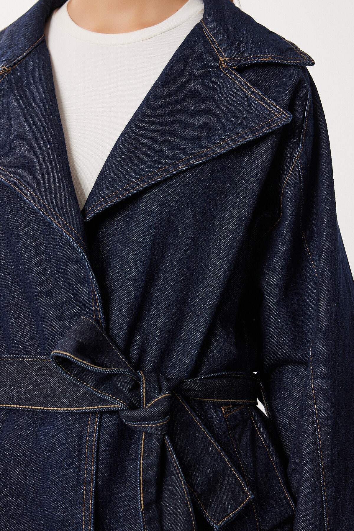 Kuşaklı Denim Ceket Pantolon Takım T0280 KOYU MAVİ LRI0021