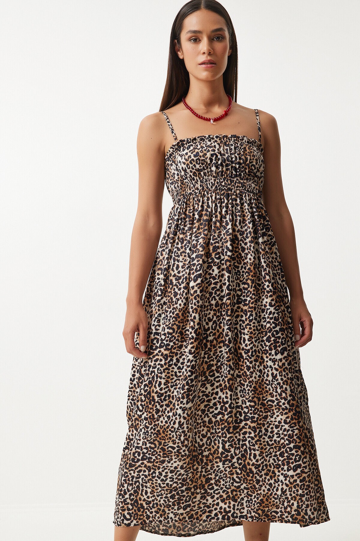 Leopar Desenli Askılı Viskon Elbise SİYAH BEJ LUB0143