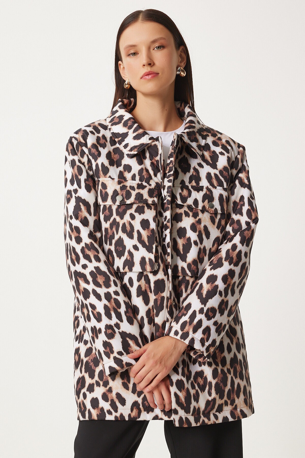 Leopar Desenli Şişme Mont SİYAH BEJ LNT0004