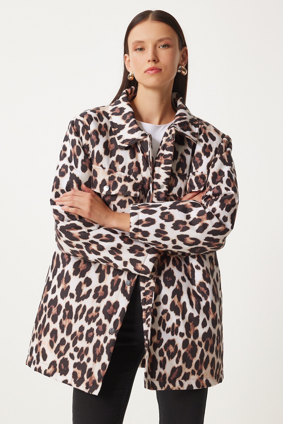 Leopar Desenli Şişme Mont SİYAH BEJ LNT0004