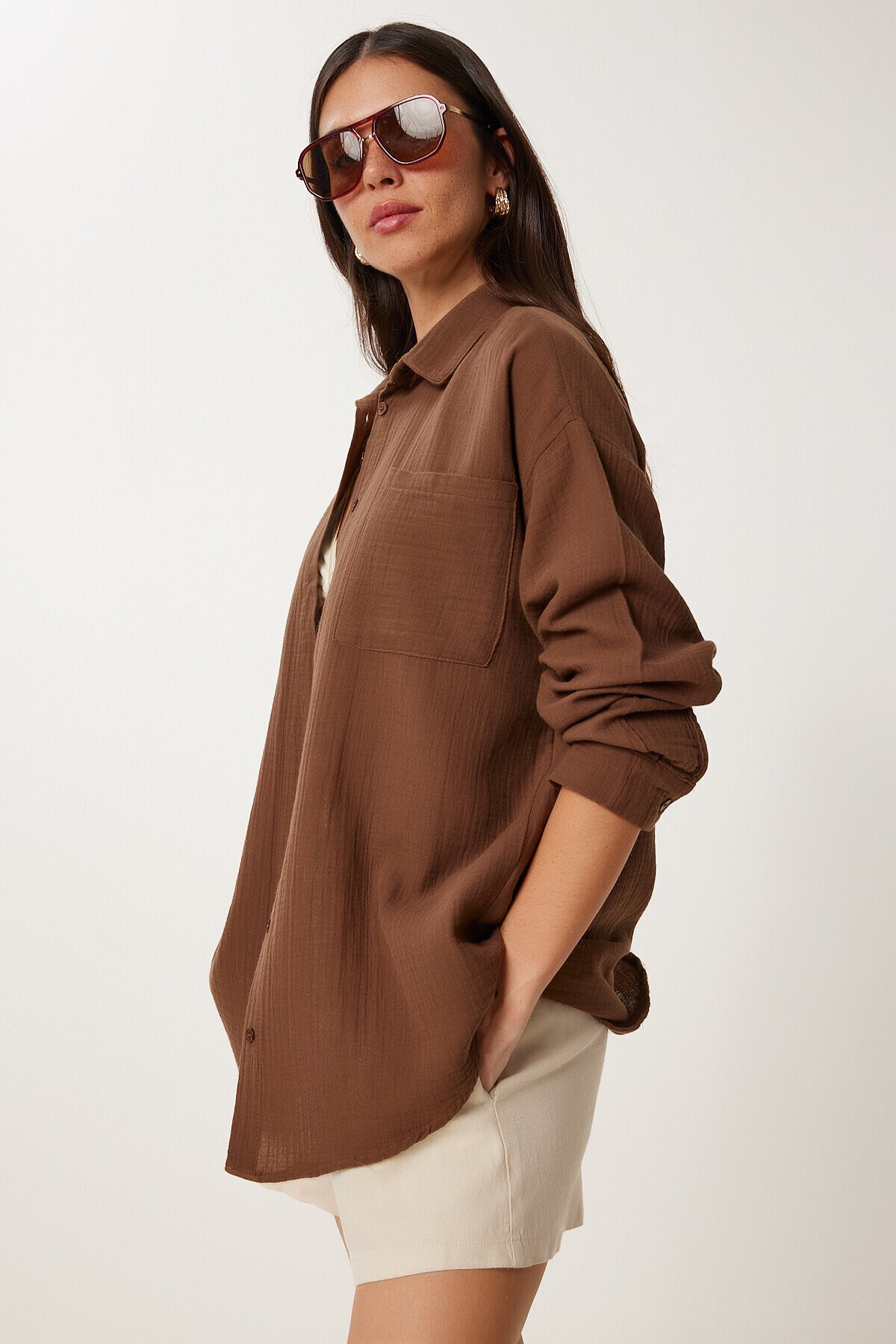 Oversize Basic Müslin Gömlek KAKAO LMX0002
