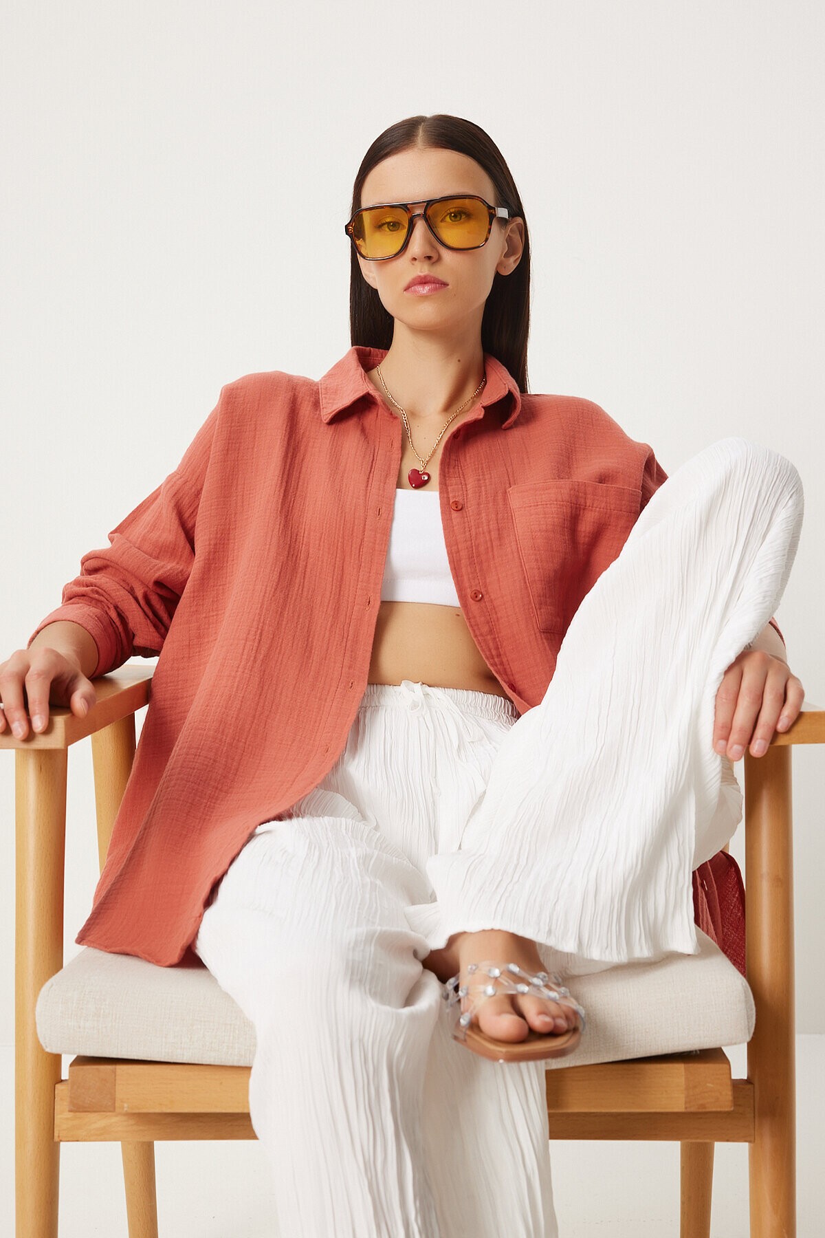 Oversize Basic Müslin Gömlek ŞEFTALİ LMX0002