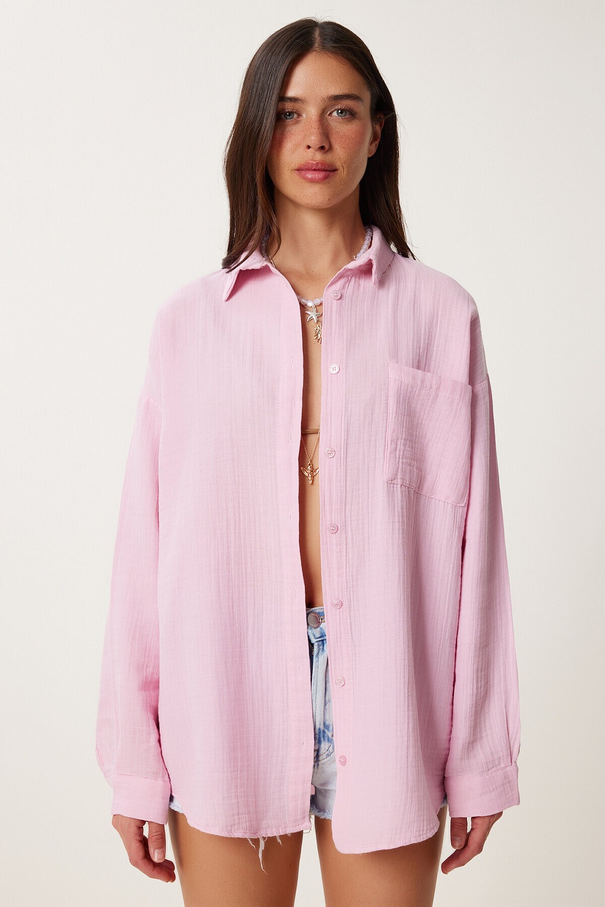 Oversize Basic Müslin Gömlek ŞEKER PEMBE LMX0002