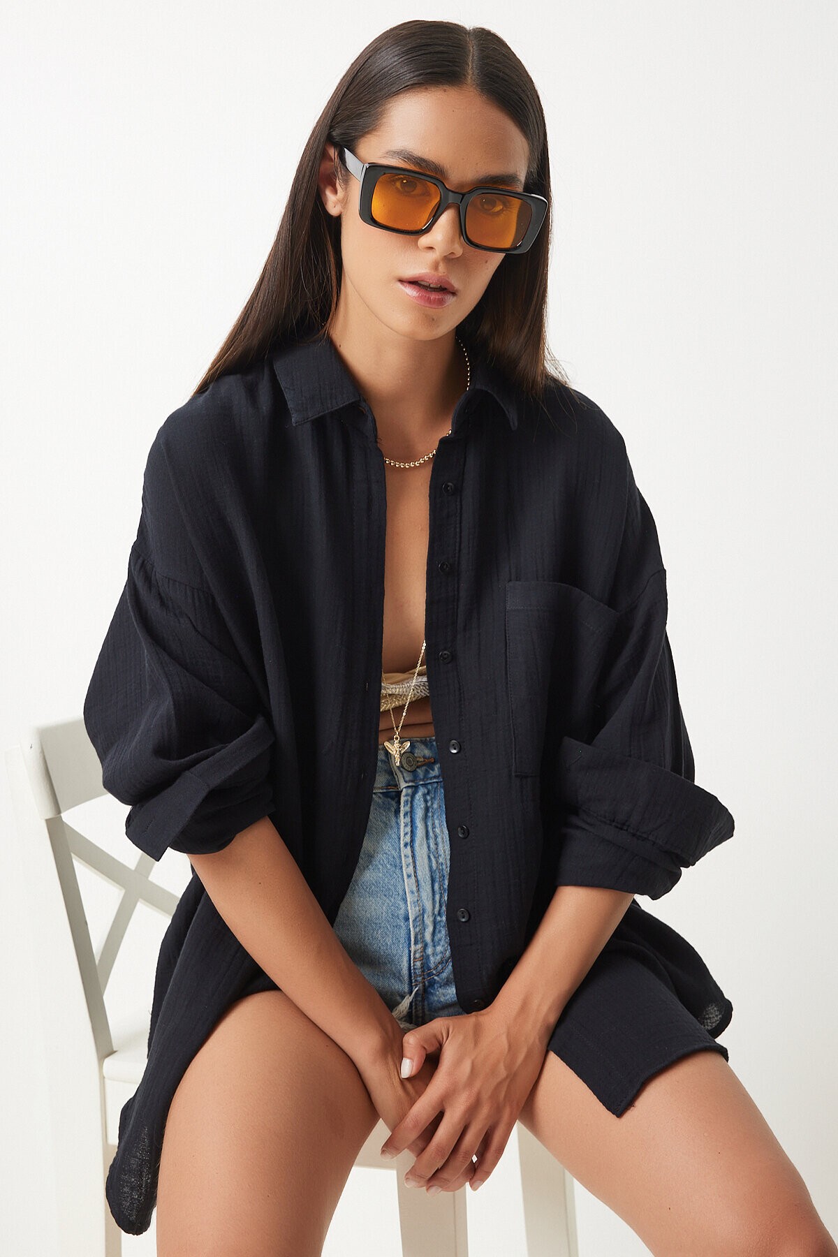 Oversize Basic Müslin Gömlek SİYAH LMX0002