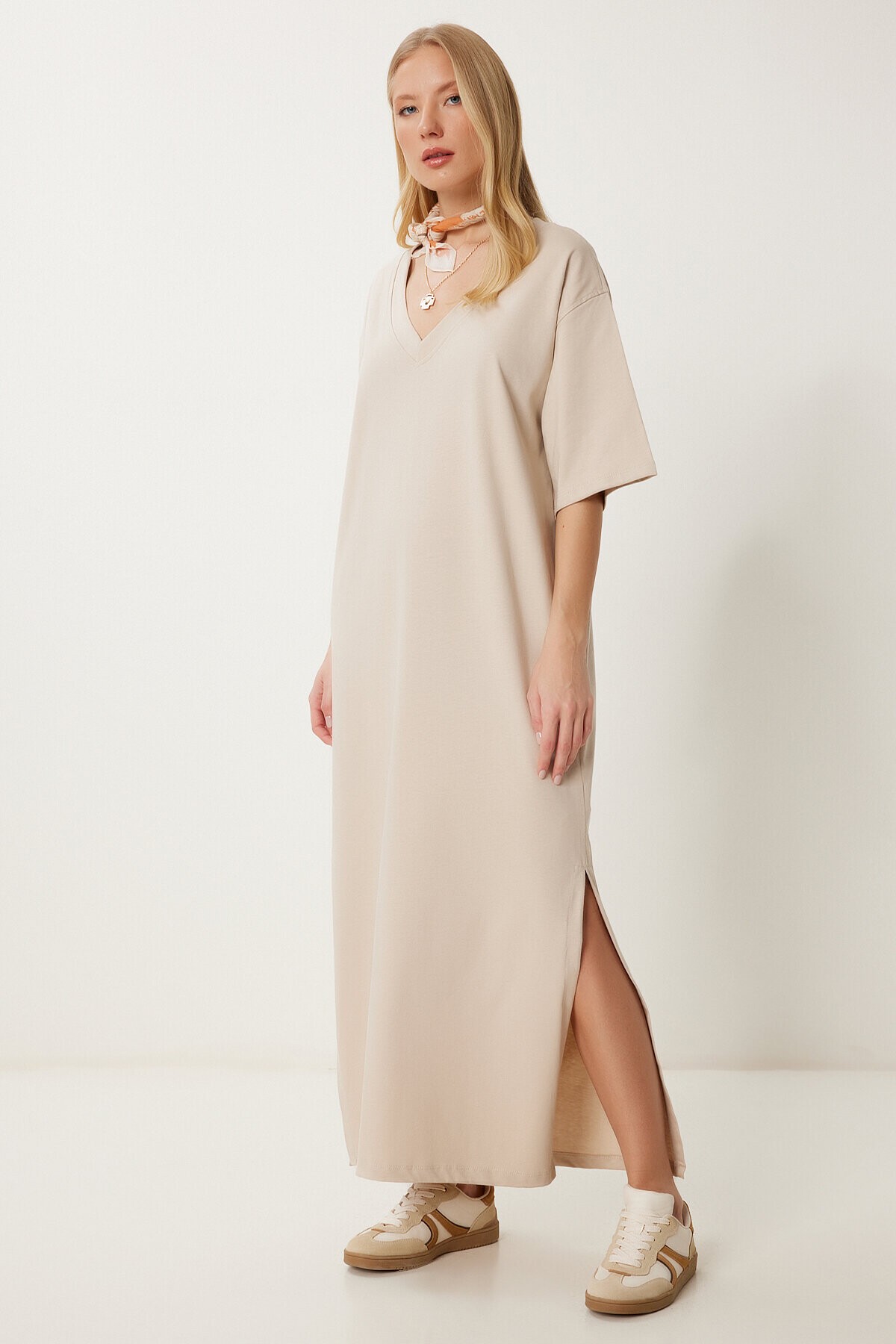 Oversize Basic Yazlık Esnek Örme Elbise BEJ LUB0113