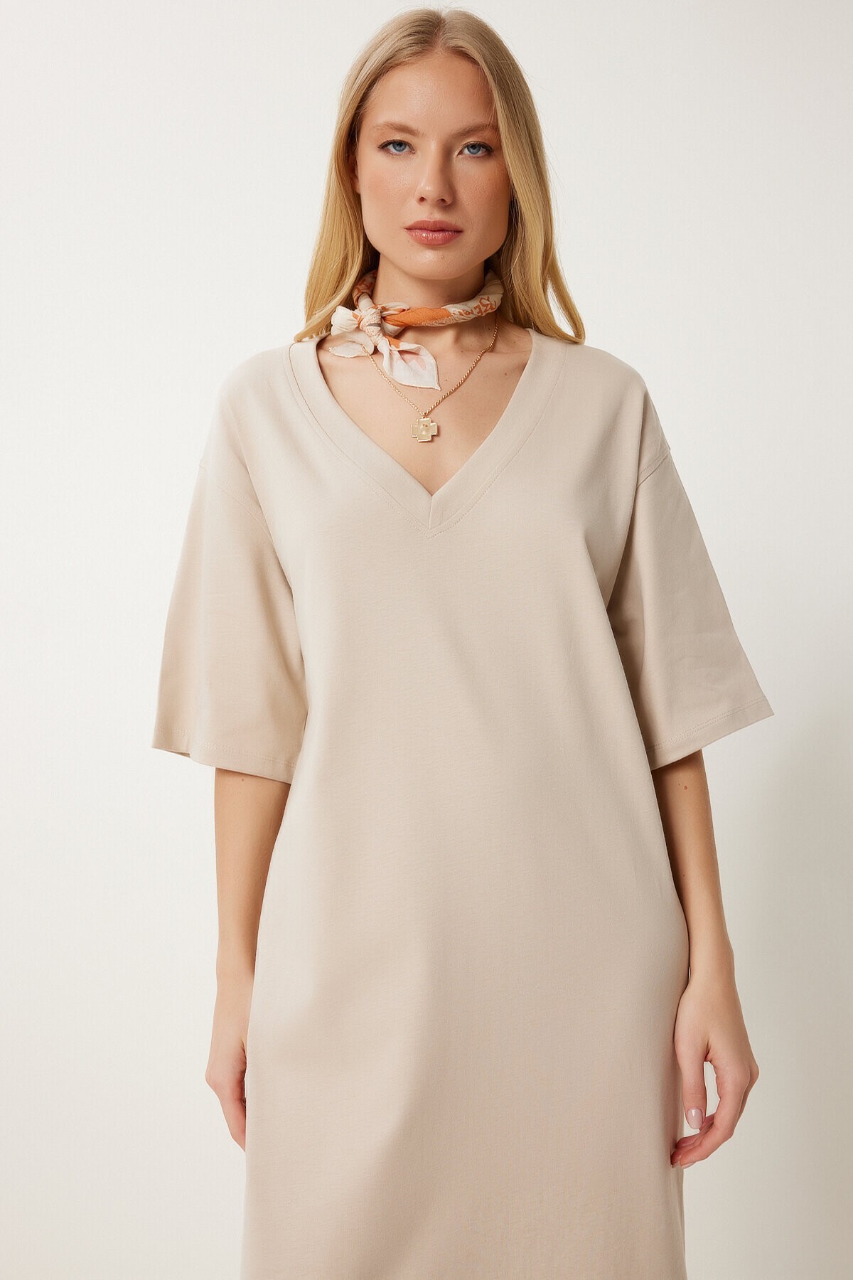 Oversize Basic Yazlık Esnek Örme Elbise BEJ LUB0113