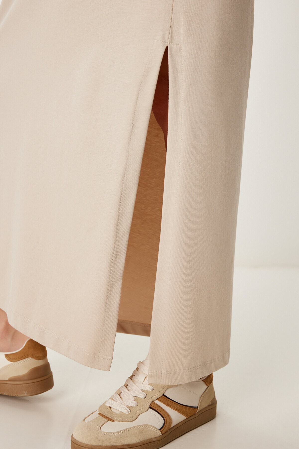 Oversize Basic Yazlık Esnek Örme Elbise BEJ LUB0113