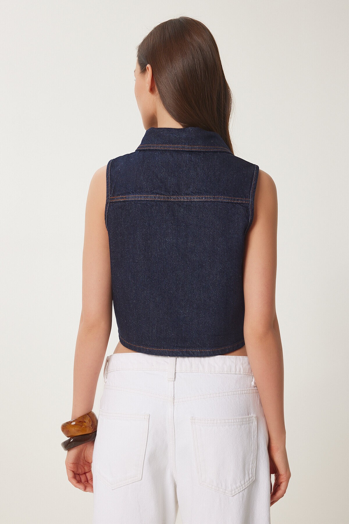 Polo Yaka Crop Denim Yelek KOYU MAVİ LUS0107