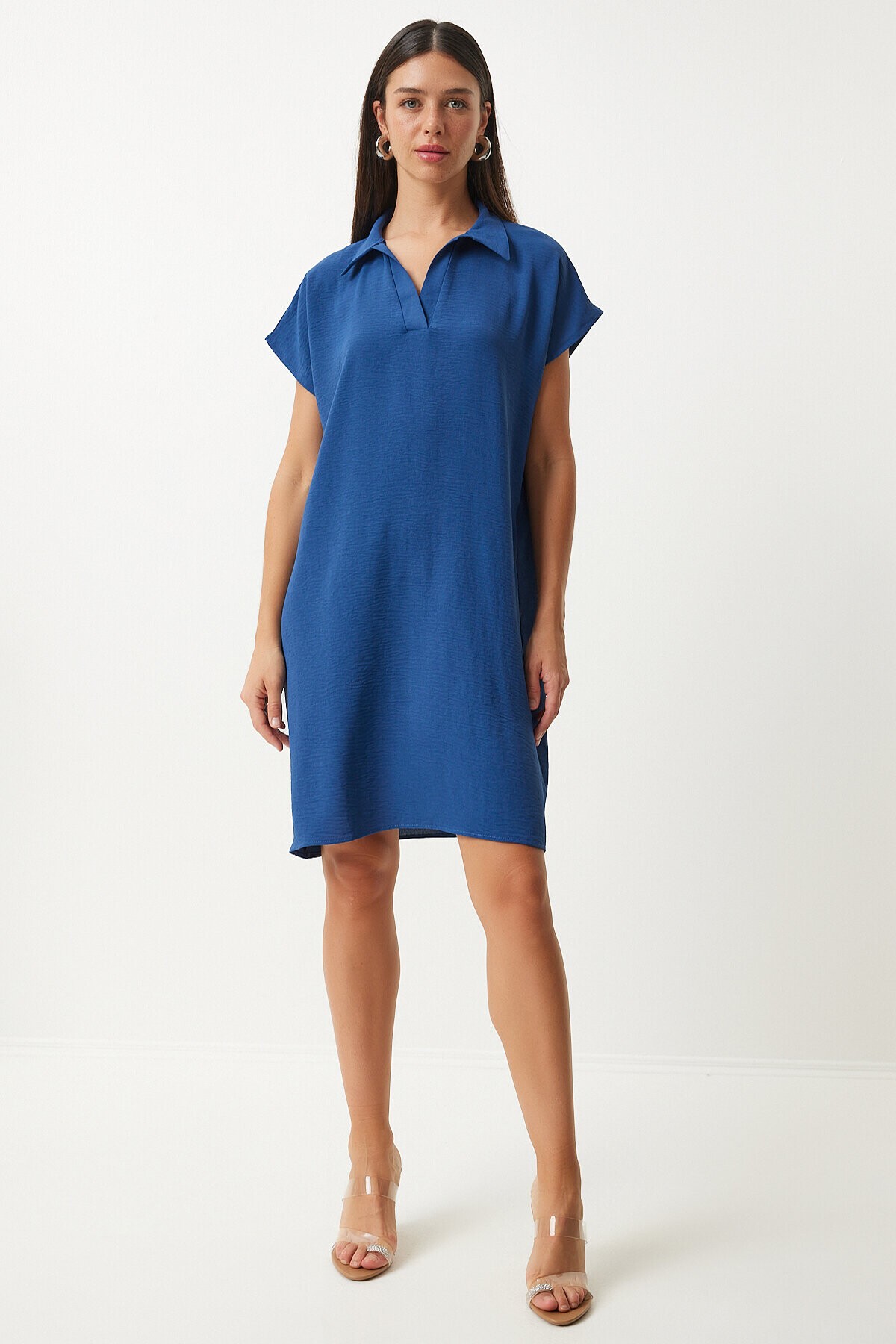 Polo Yaka Yazlık Bol Keten Ayrobin Elbise LACİVERT LTO0023