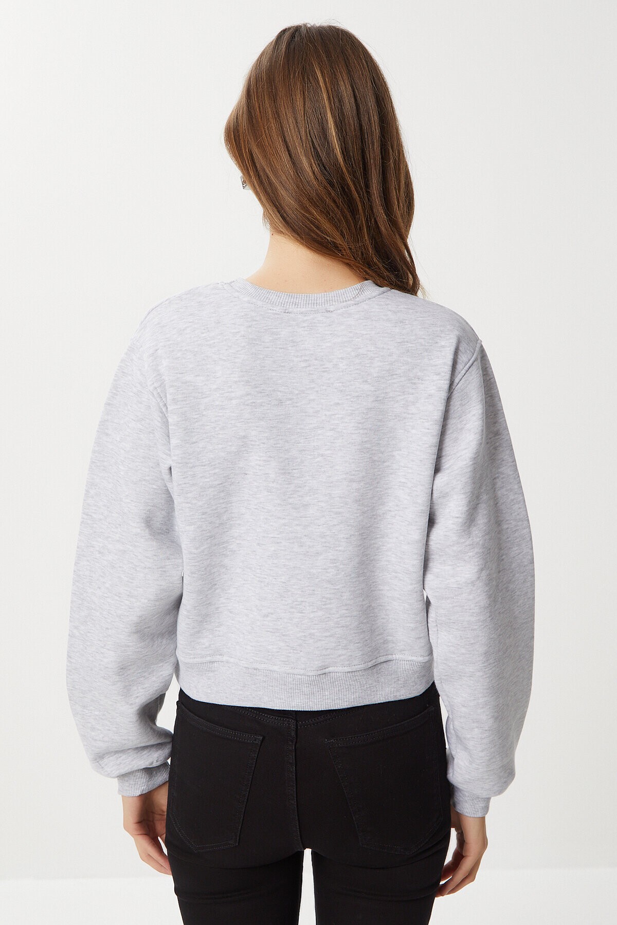 Şardonlu Crop Sweatshirt GRİ MELANJ LUB0043