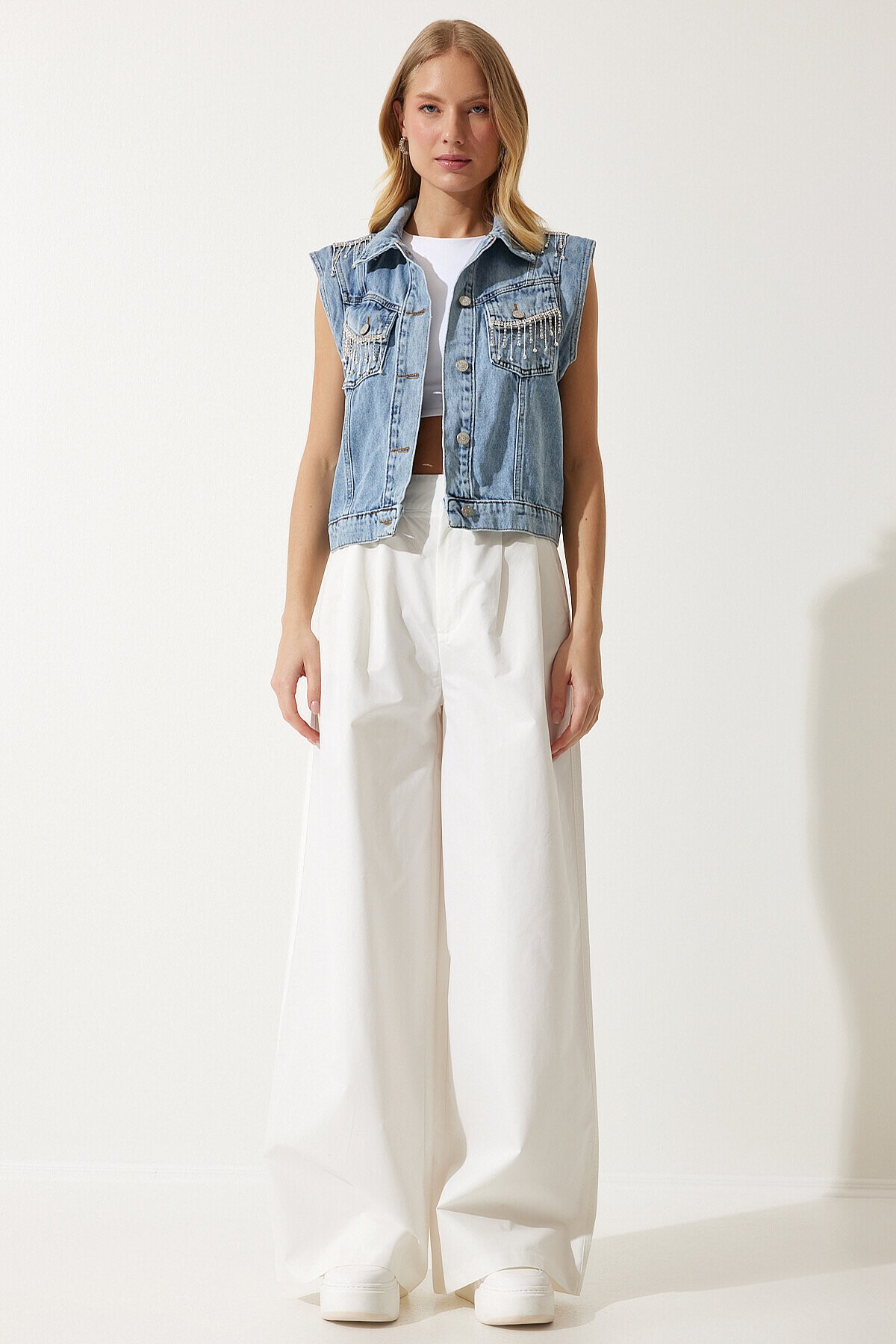 Şık Zincirli Denim Yelek MAVİ LRV0083