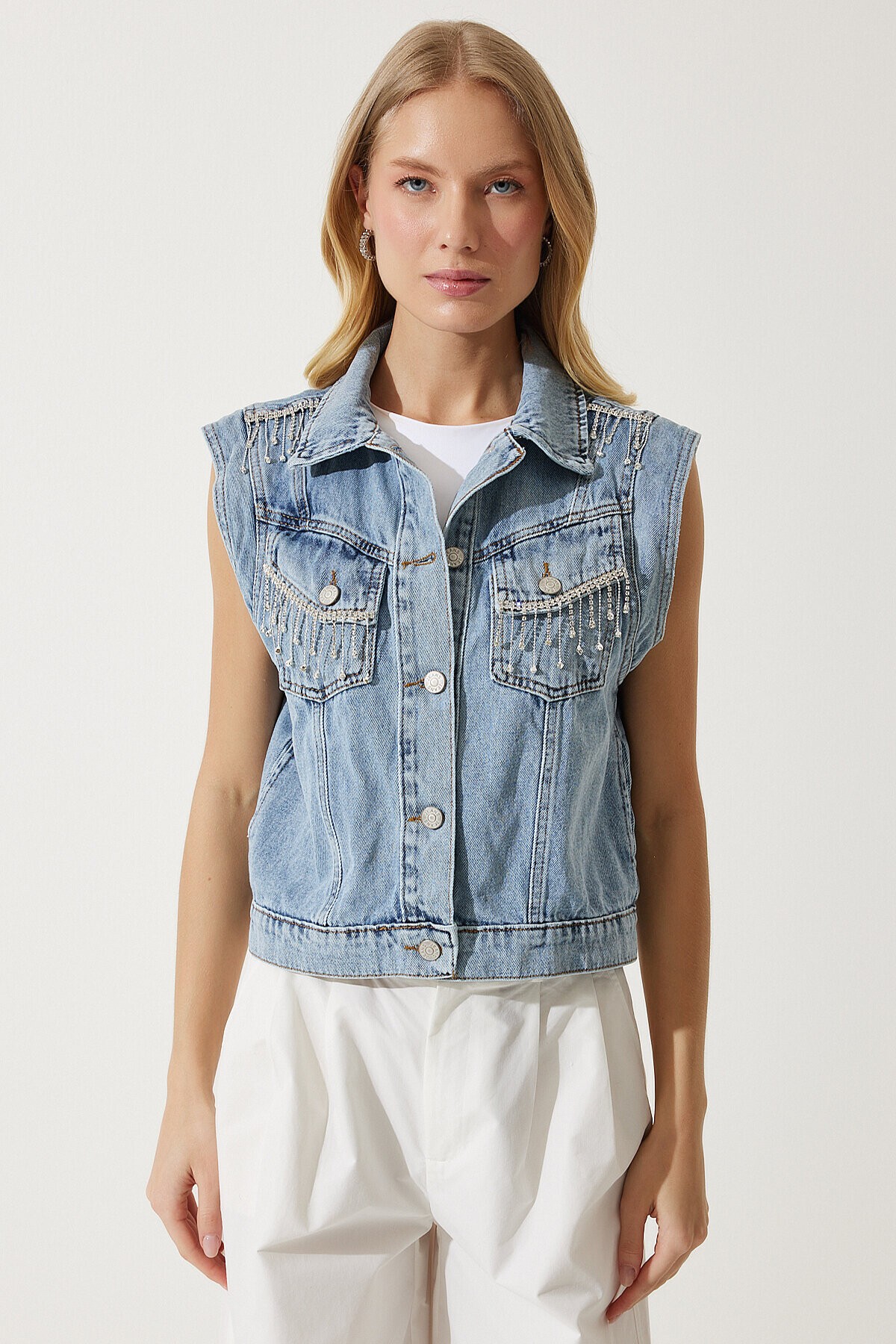 Şık Zincirli Denim Yelek MAVİ LRV0083