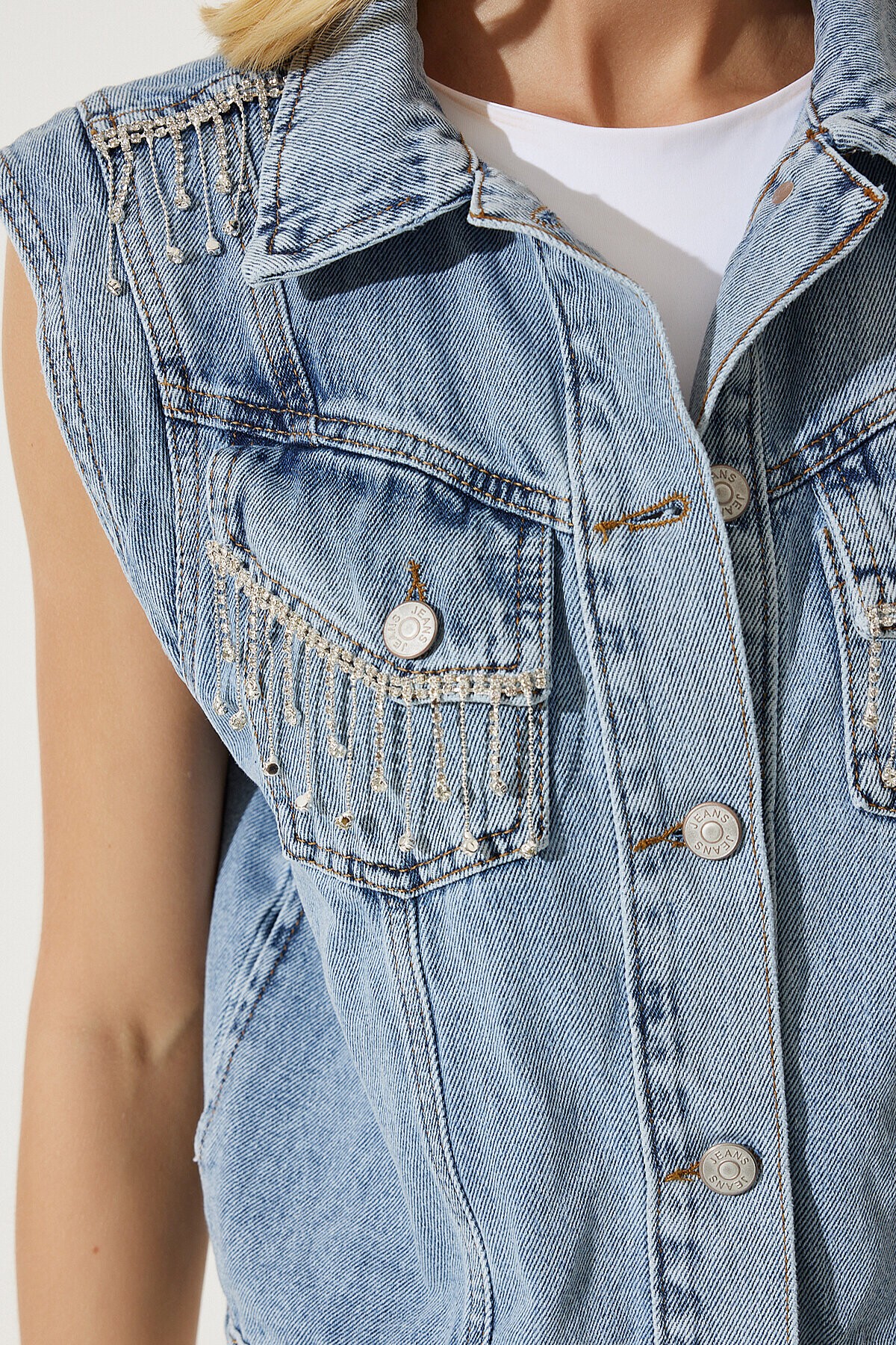 Şık Zincirli Denim Yelek MAVİ LRV0083
