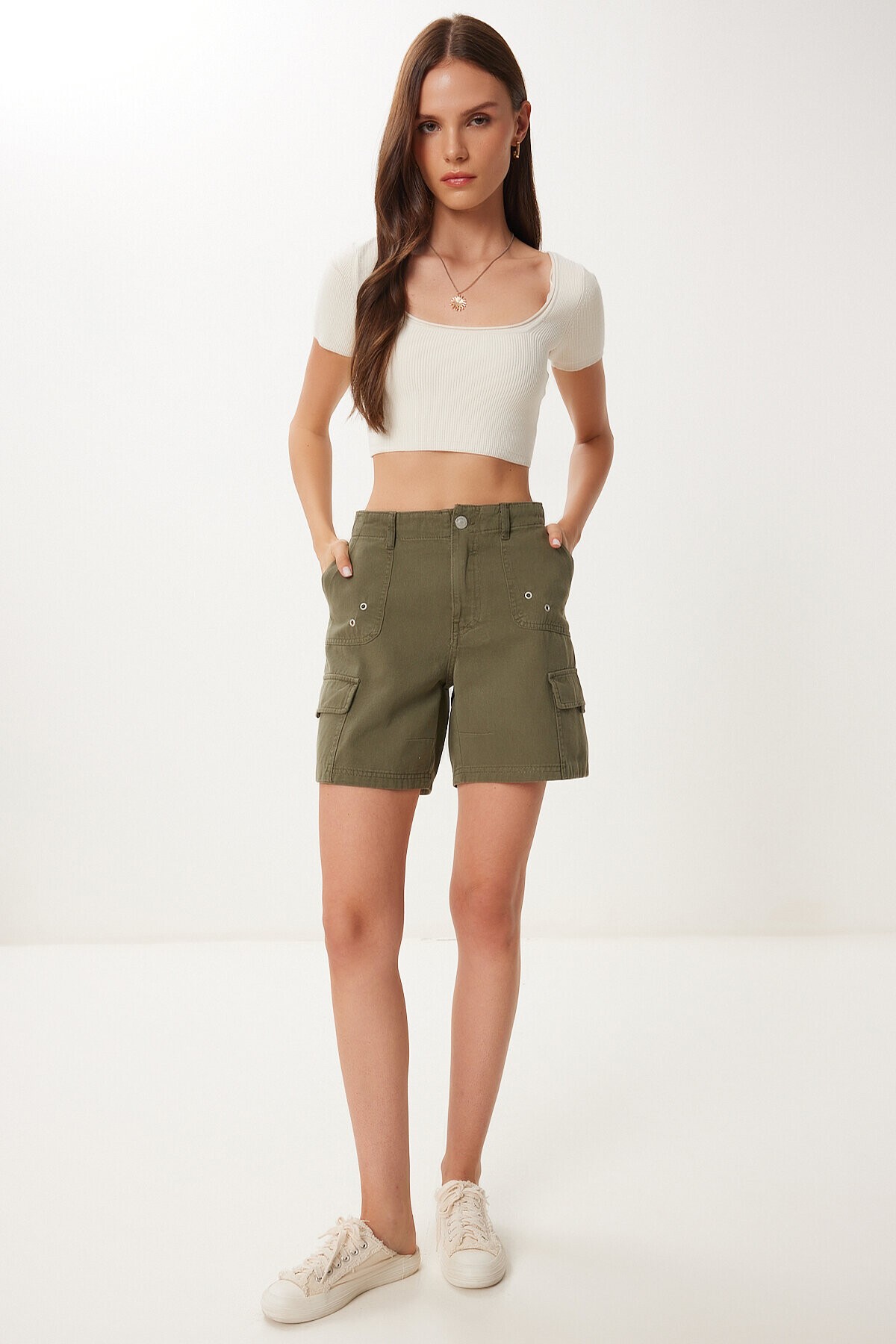 Soluk Efektli Cepli Denim Şort HAKİ LUT0018