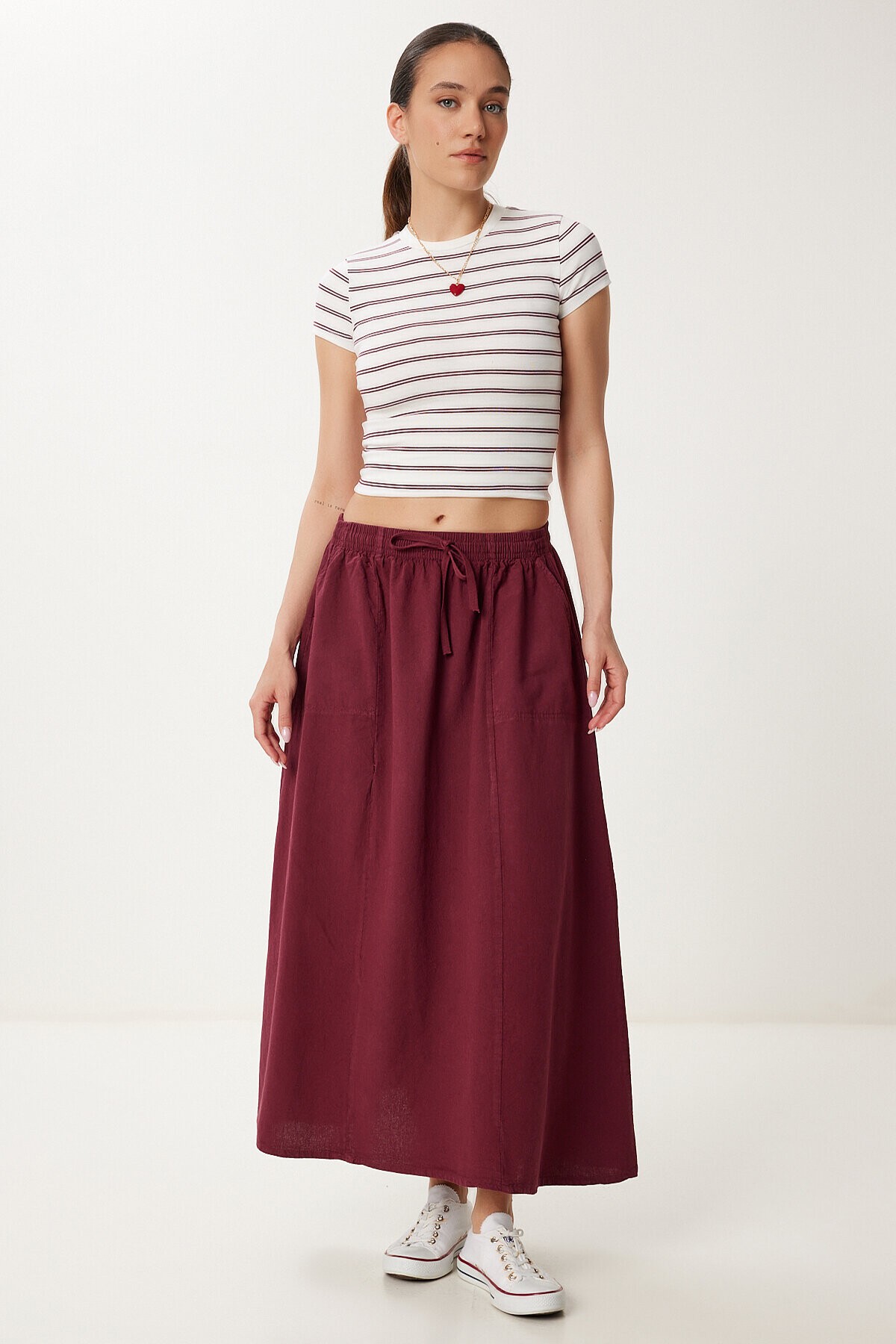 Soluk Efektli Kloş Denim Etek BORDO LMX0074