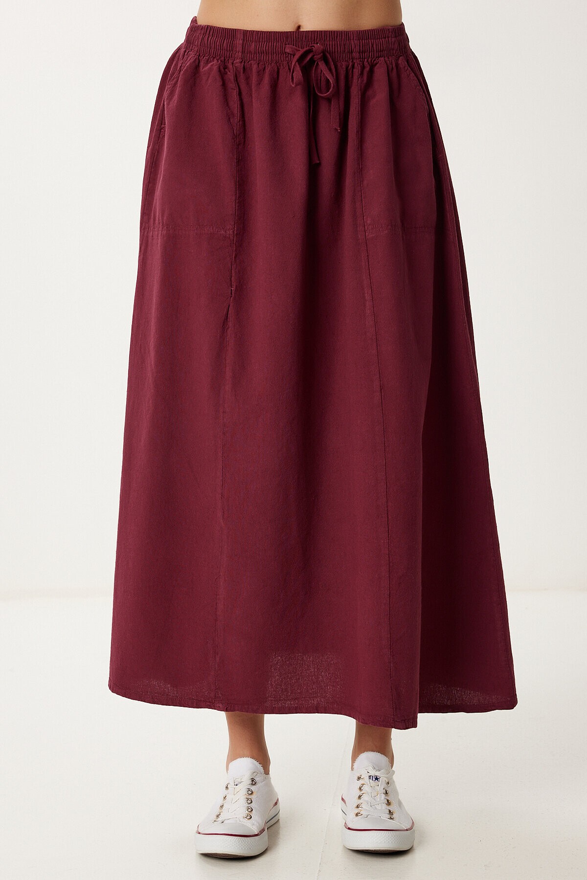 Soluk Efektli Kloş Denim Etek BORDO LMX0074