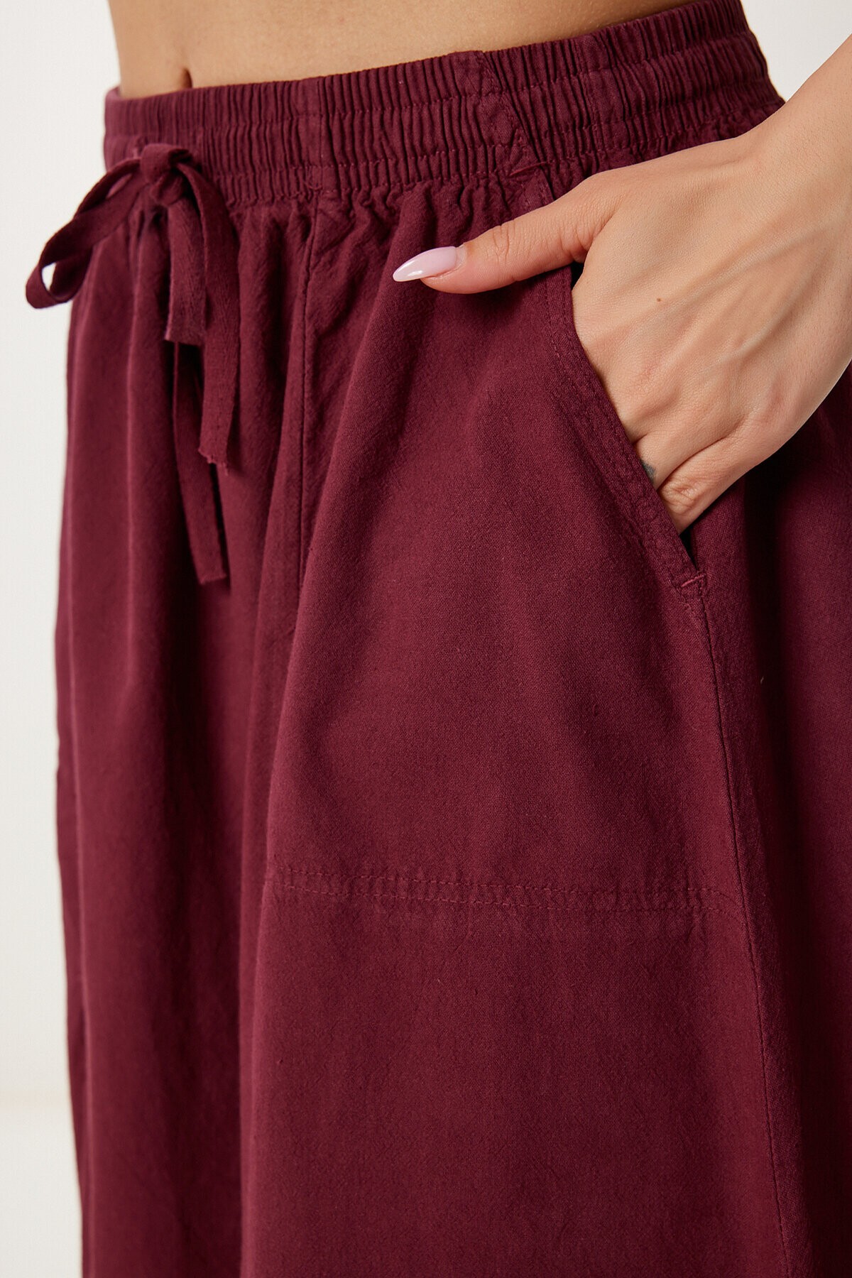 Soluk Efektli Kloş Denim Etek BORDO LMX0074