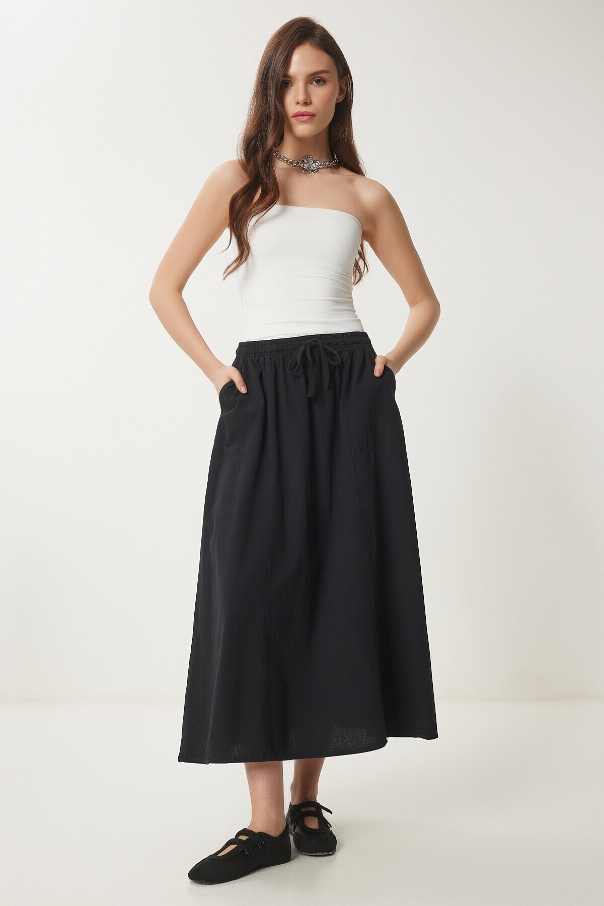 Soluk Efektli Kloş Denim Etek SİYAH LMX0074