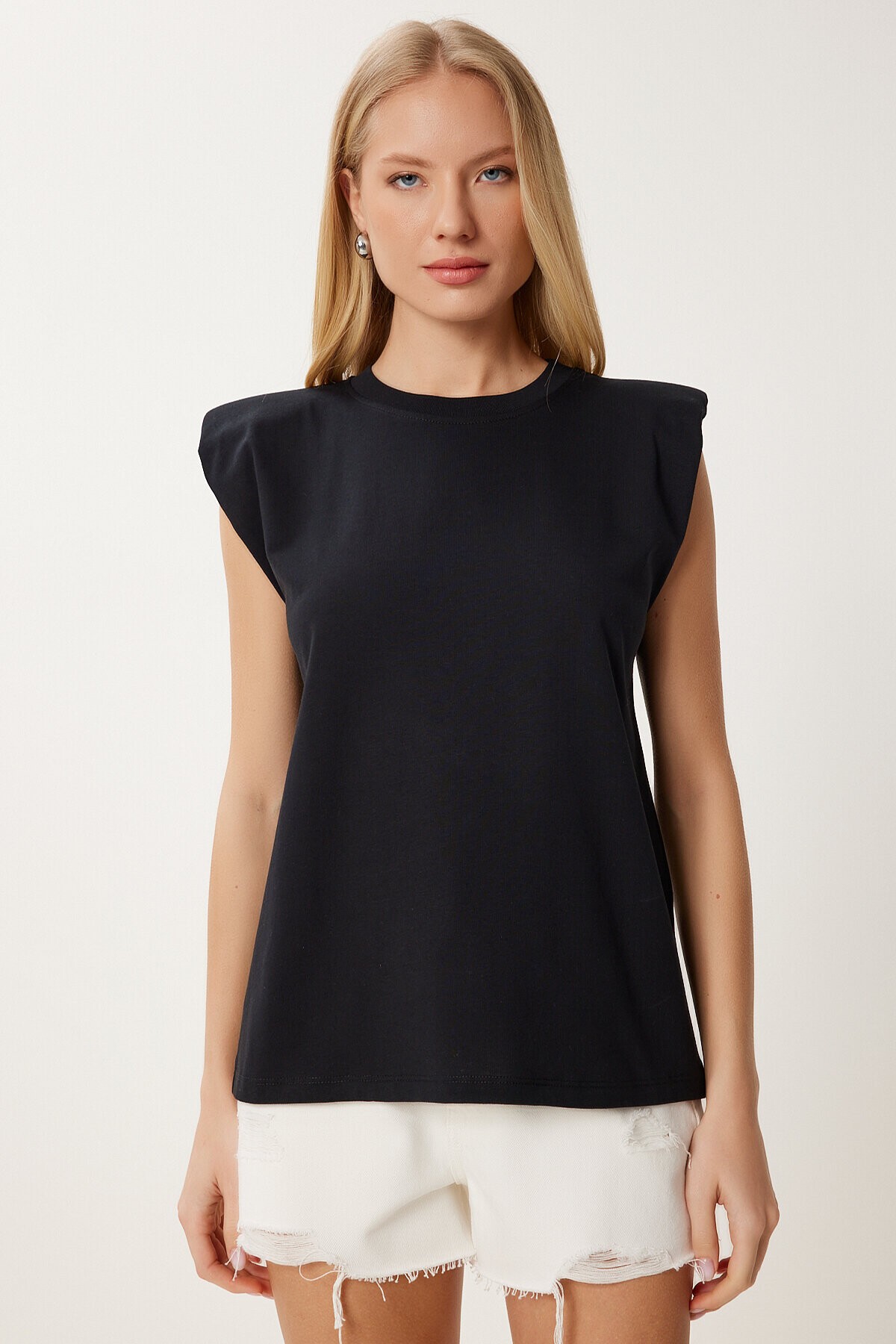 Vatkalı Pamuklu Örme T-shirt SİYAH LUB0109