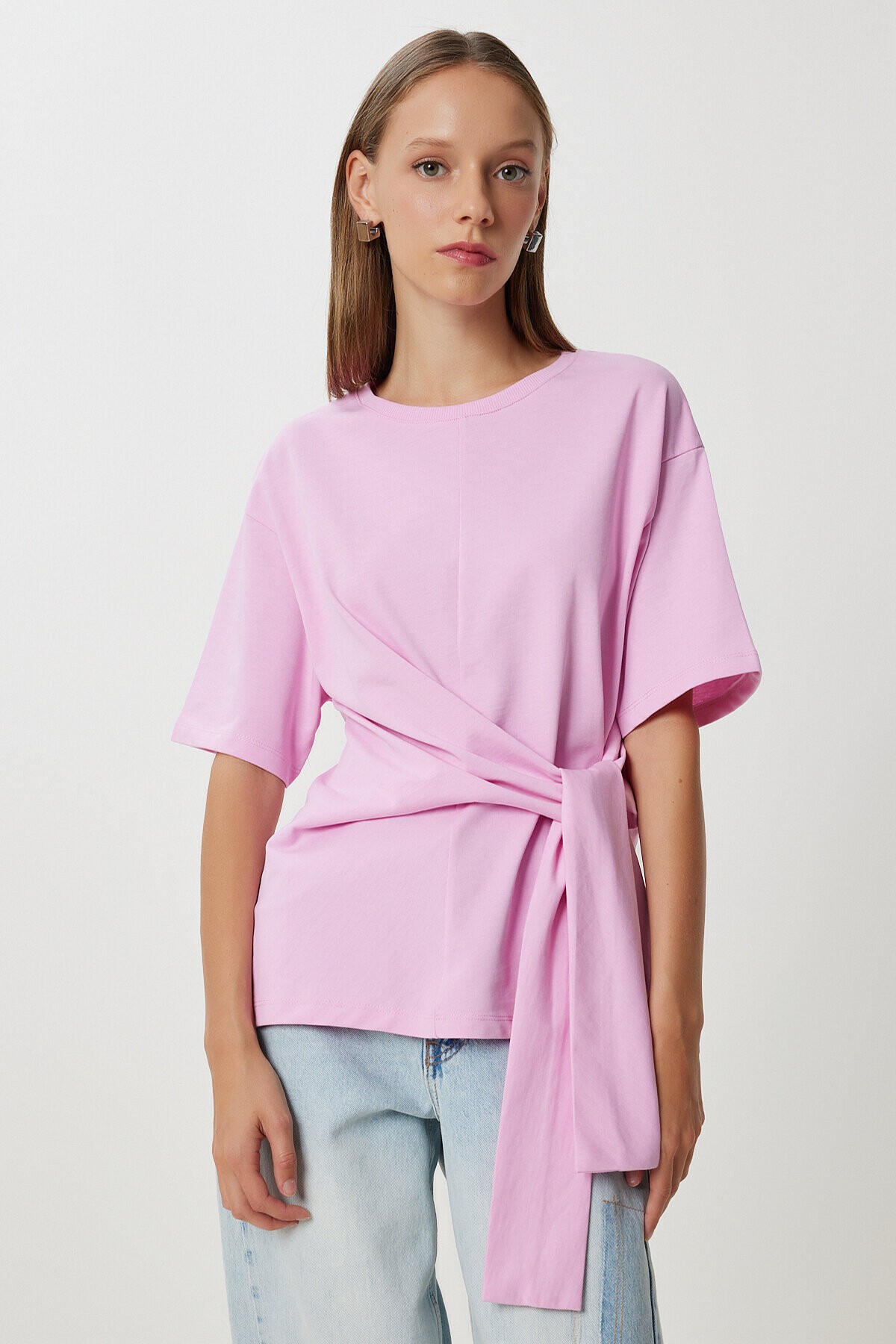Yandan Bağlama Detaylı Pamuklu T-shirt PEMBE LUB0110