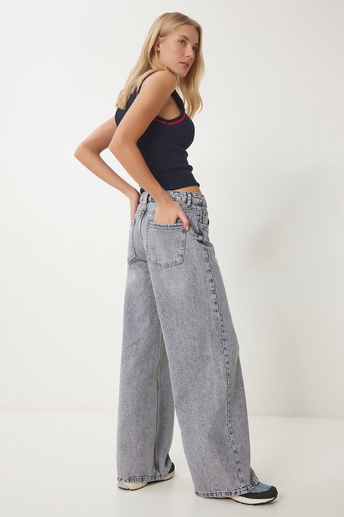 Yıkamalı Geniş Paça Jean GRİ LUS0098