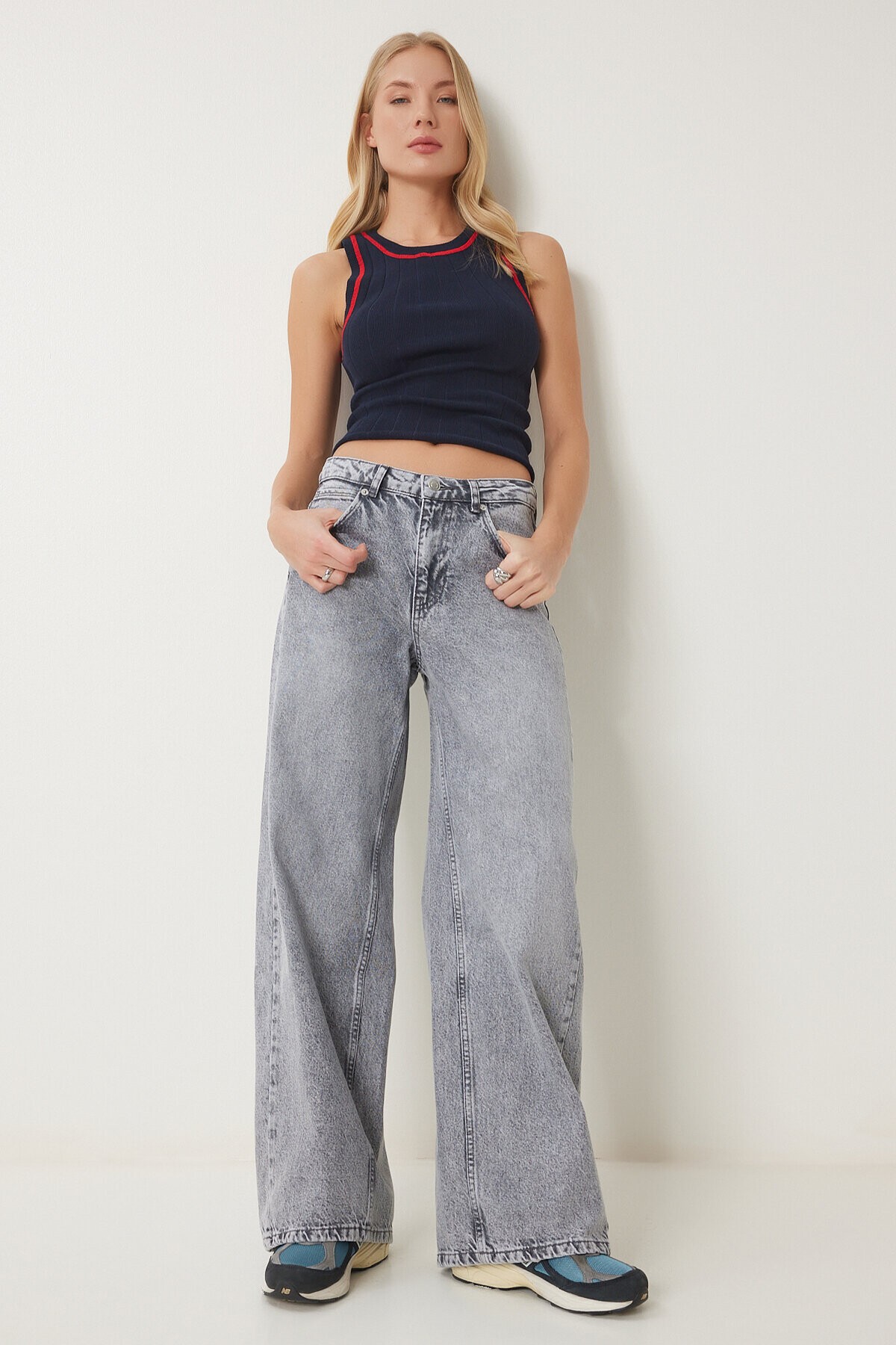 Yıkamalı Geniş Paça Jean GRİ LUS0098