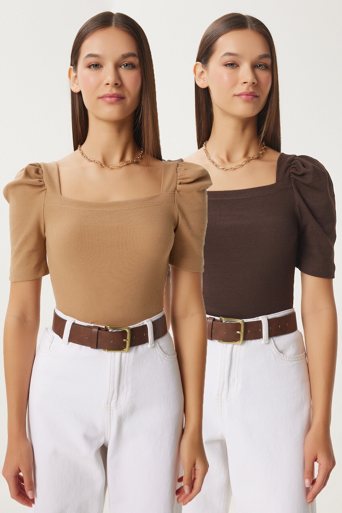 2li Paket Kare Yaka Fitilli Crop Bluz KAHVERENGİ BİSKÜVİ LGT0028