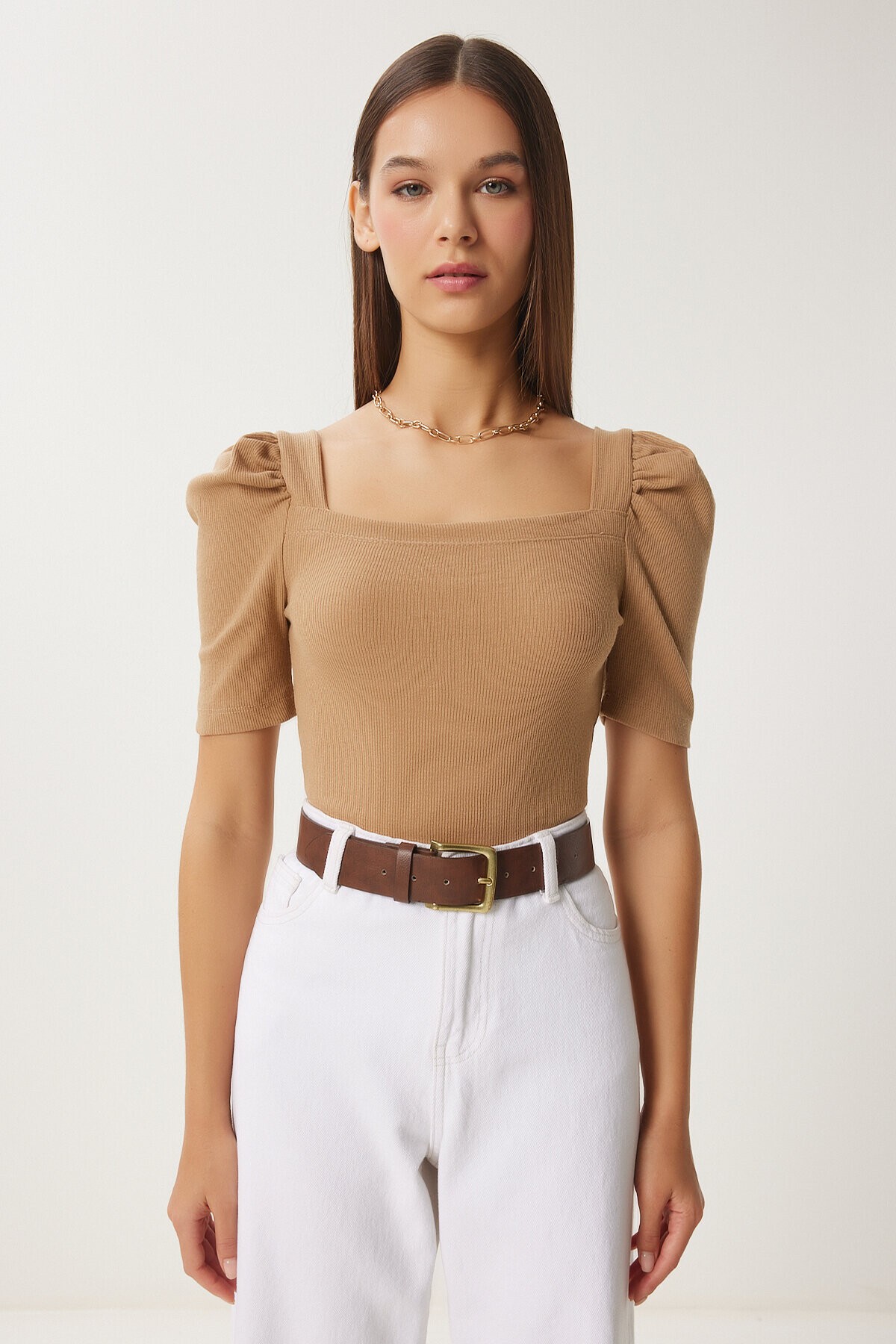2li Paket Kare Yaka Fitilli Crop Bluz KAHVERENGİ BİSKÜVİ LGT0028