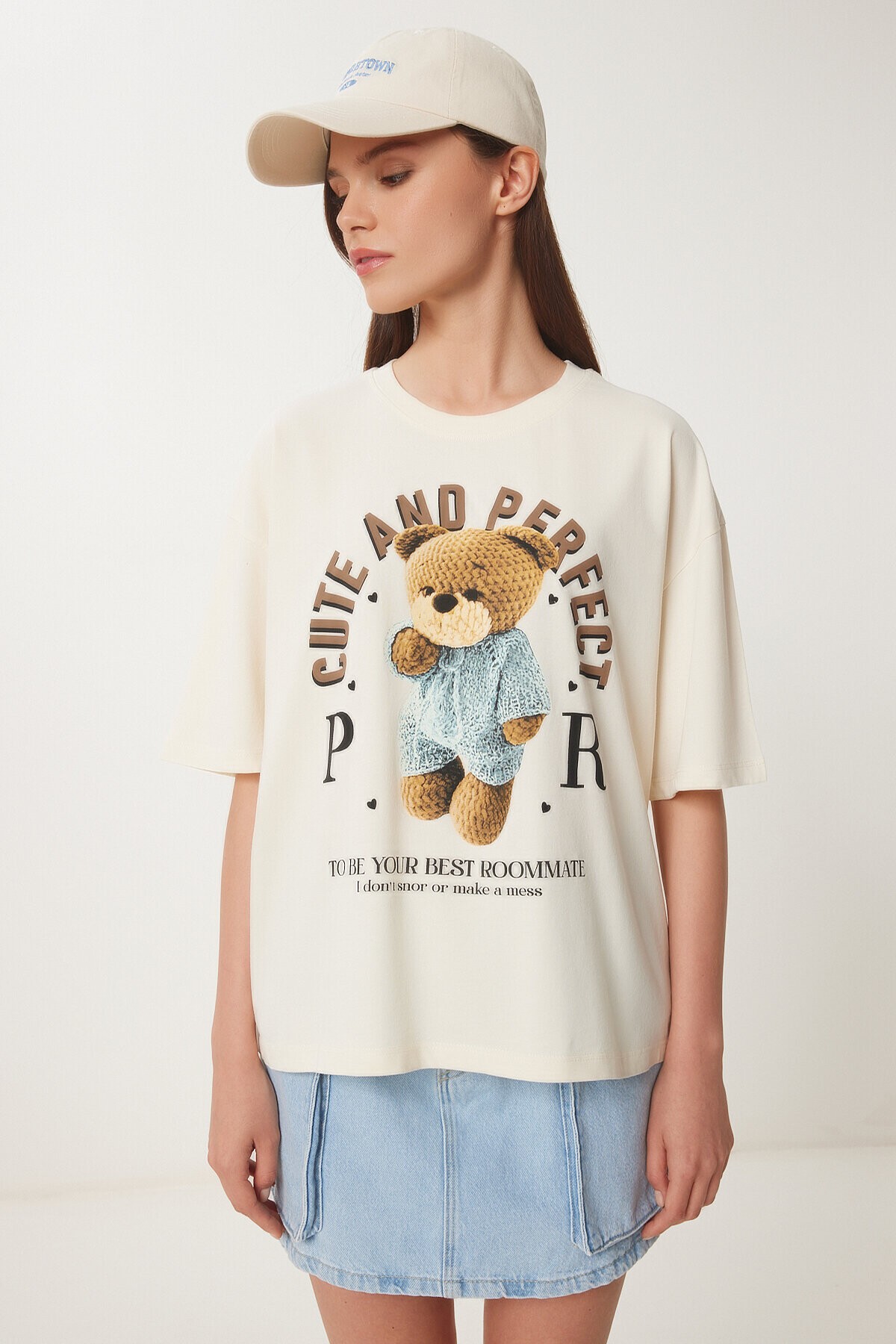 Ayıcık Baskılı Pamuklu Örme T-shirt KREM LUS0125