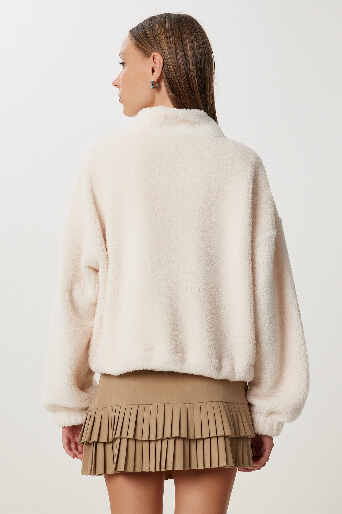 Ayıcık İşlemeli Fermuarlı Peluş Sweatshirt KEMİK LZH0014
