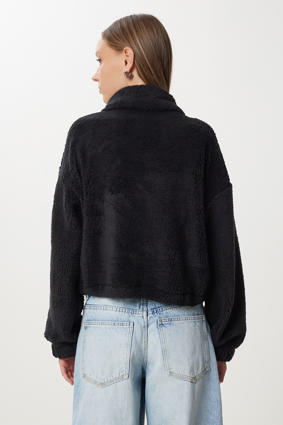 Ayıcık İşlemeli Fermuarlı Peluş Sweatshirt SİYAH LZH0014