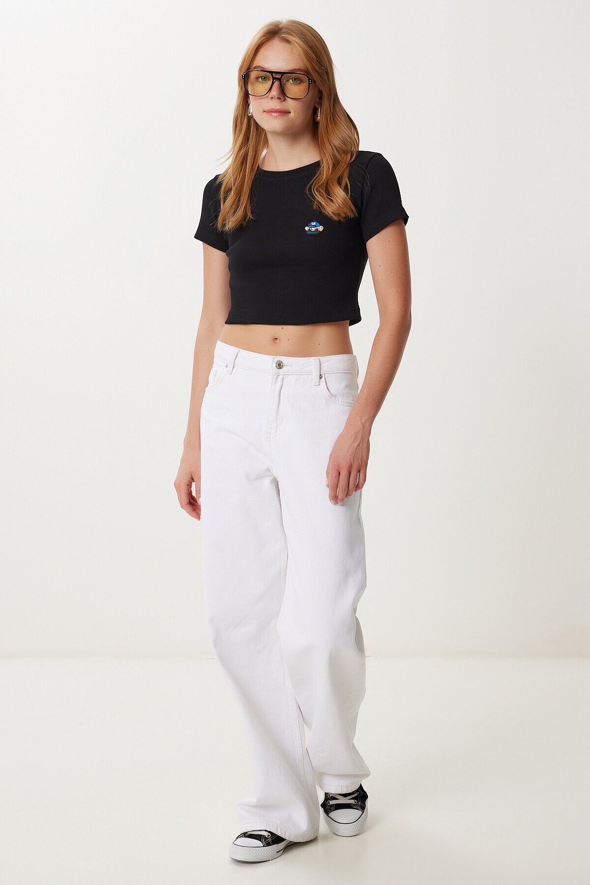 Ayıcık Nakışlı Fitilli Örme Crop T-shirt SİYAH LZH0015