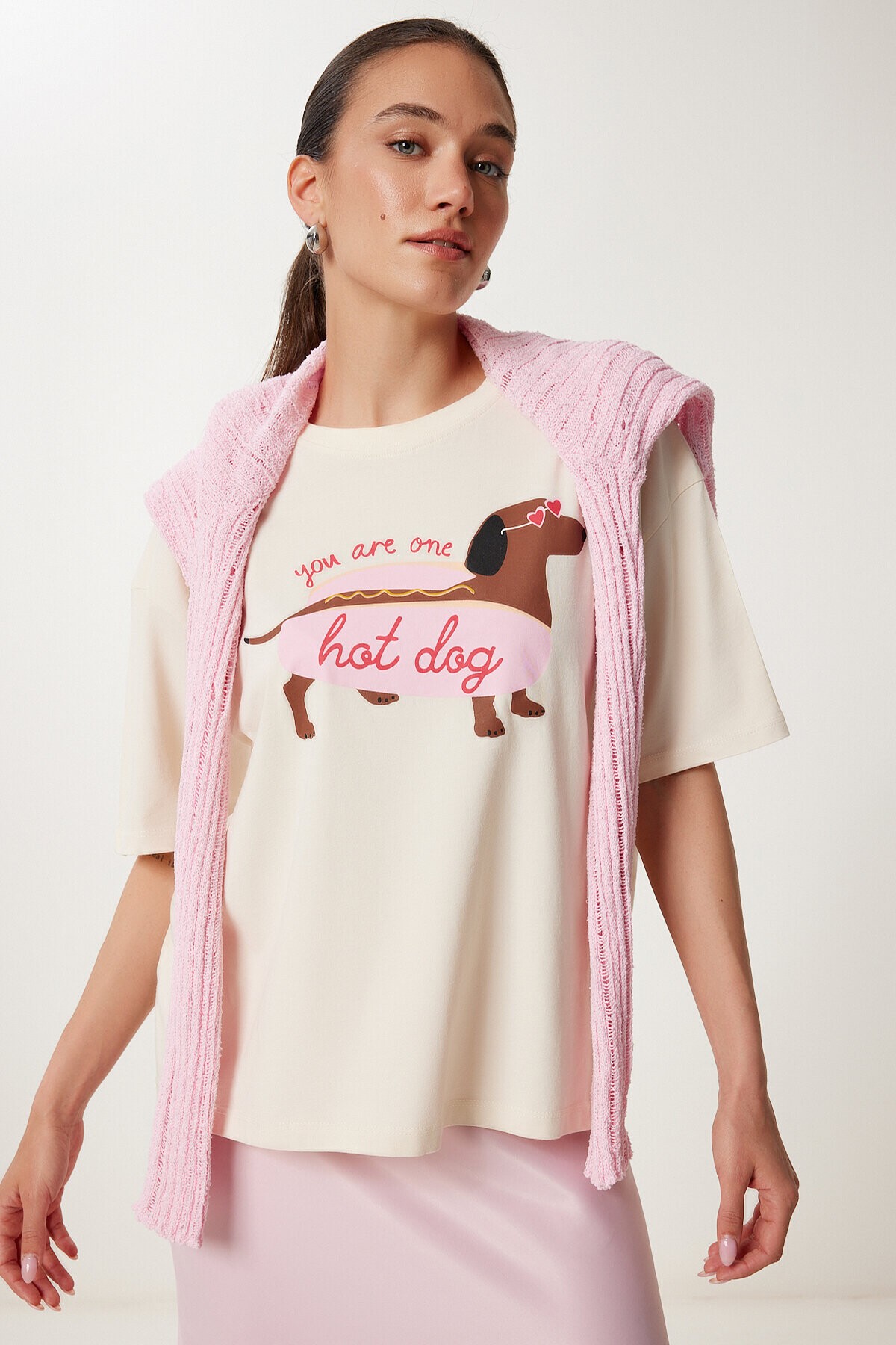Baskılı Pamuklu Örme T-shirt KREM LUS0142