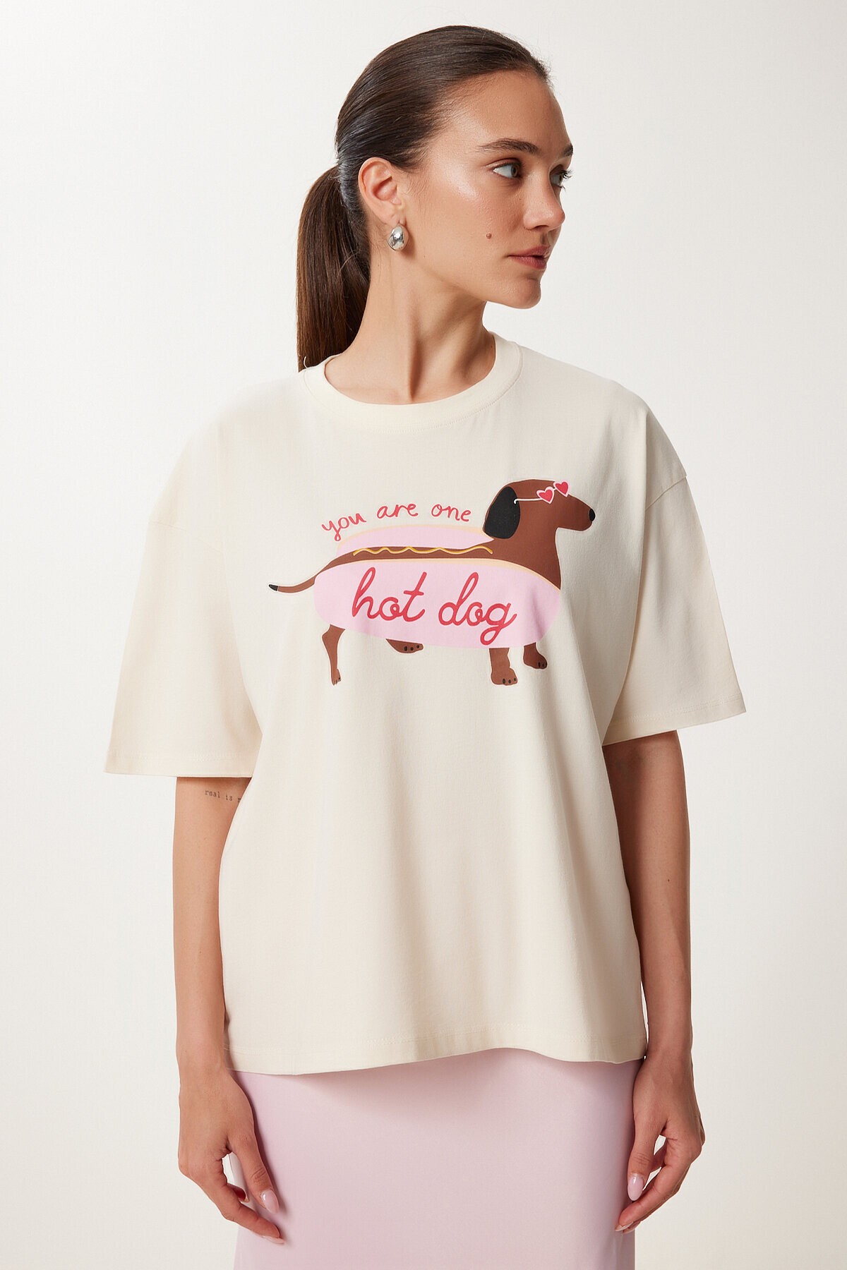 Baskılı Pamuklu Örme T-shirt KREM LUS0142