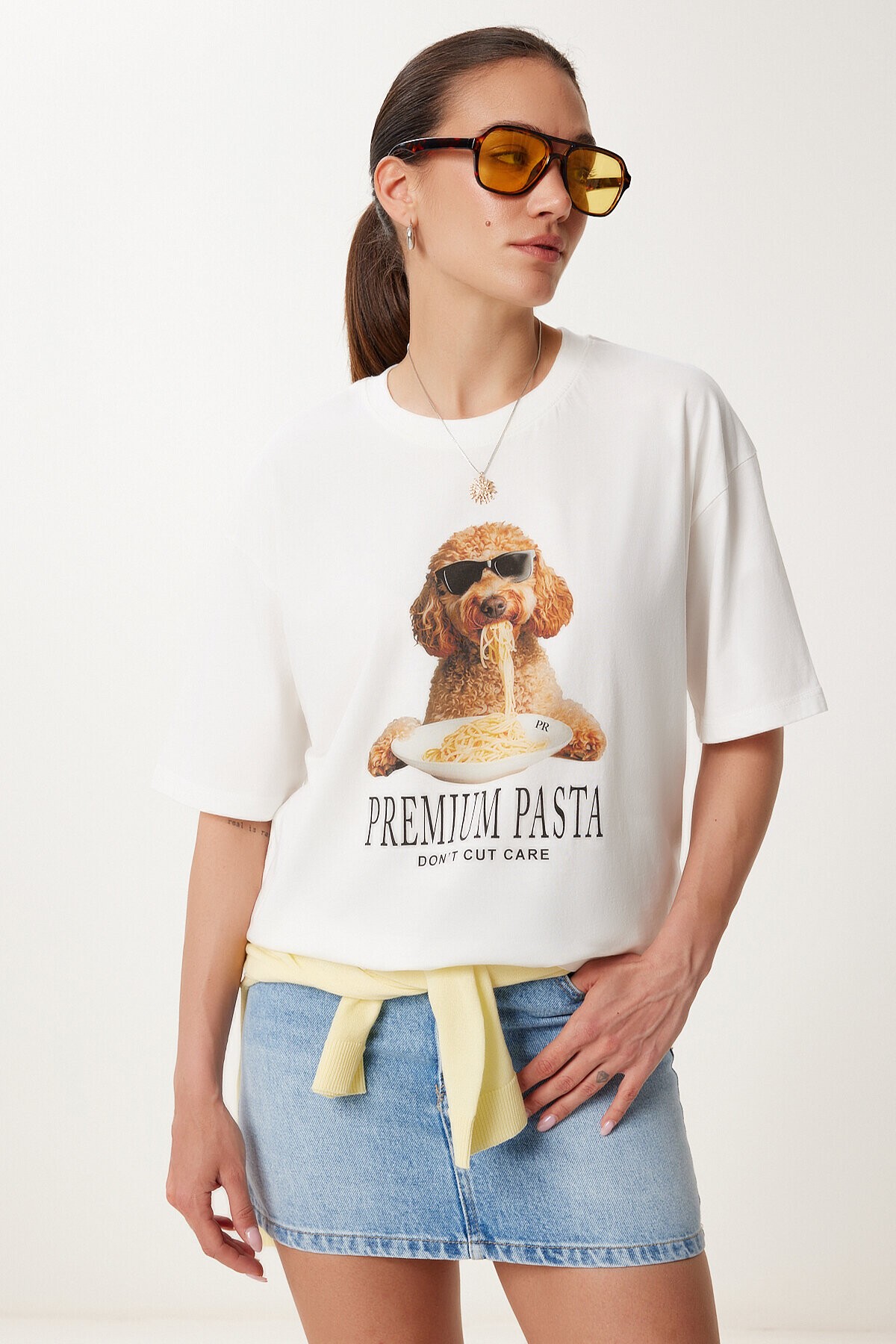 Baskılı Rahat Örme T-shirt EKRU LUS0144
