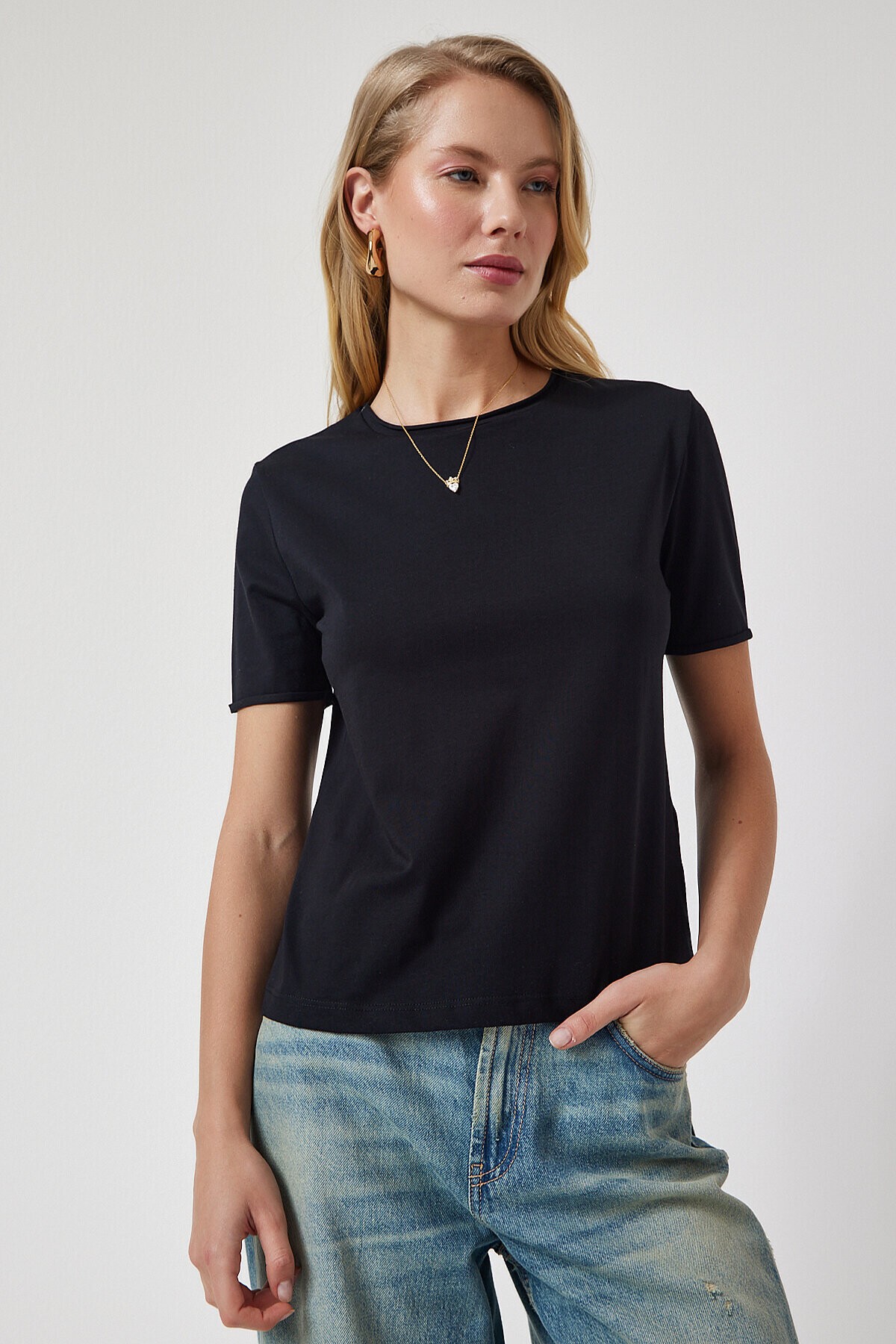 Bisiklet Yaka Basic Örme T-shirt SİYAH LUB0021