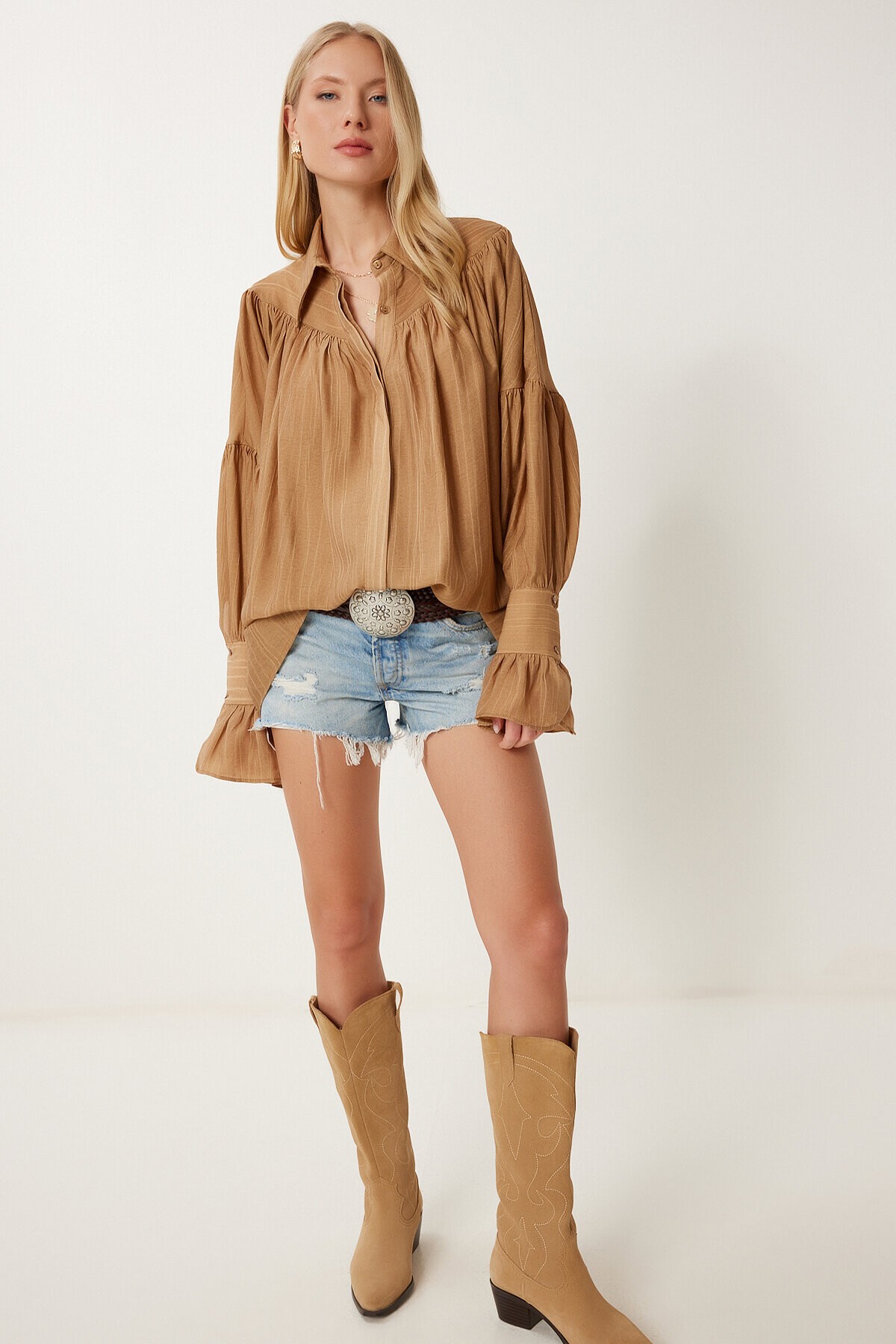 Büzgülü Poplin Gömlek CAMEL LFN0097