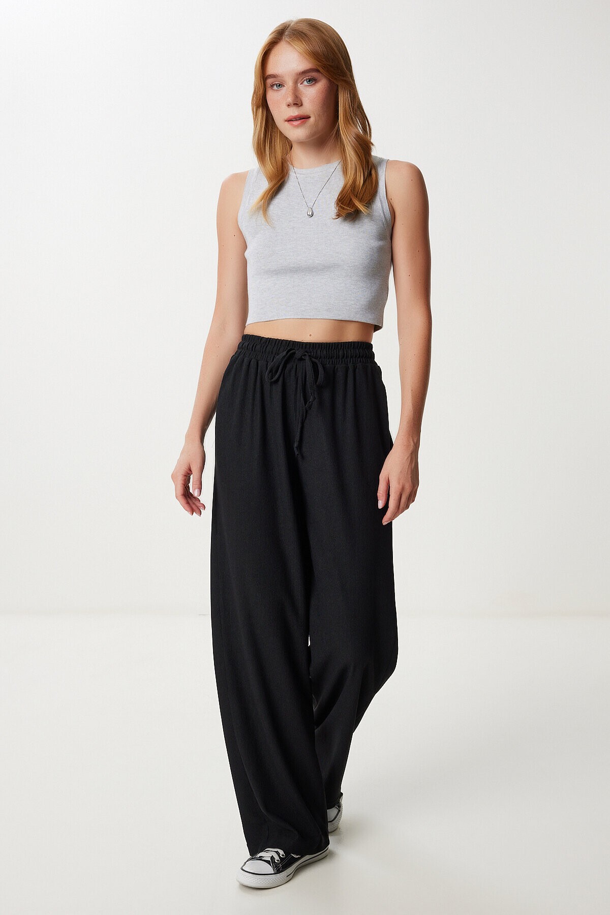 Cepli Geniş Paça Örme Pantolon SİYAH LYY0114