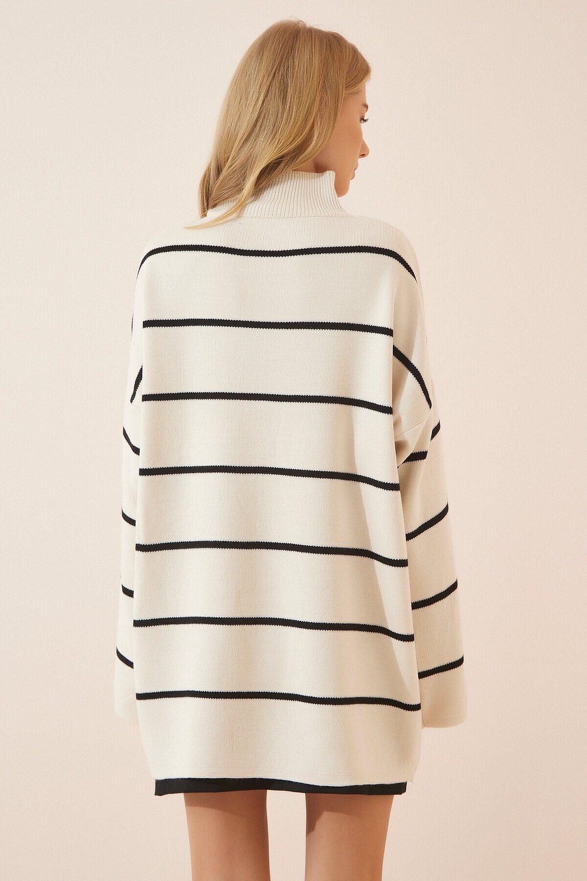 Çizgili Oversize Uzun Triko Kazak KREM LYY0088