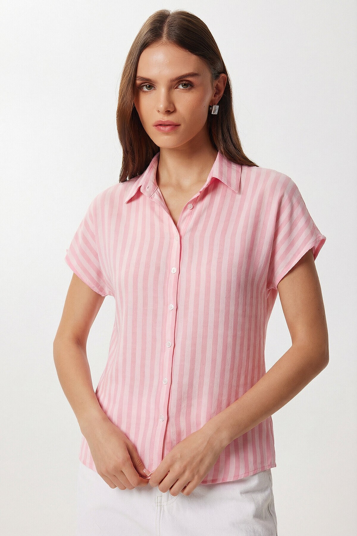 Çizgili Yazlık Viskon Gömlek 1797 PEMBE LRN0005