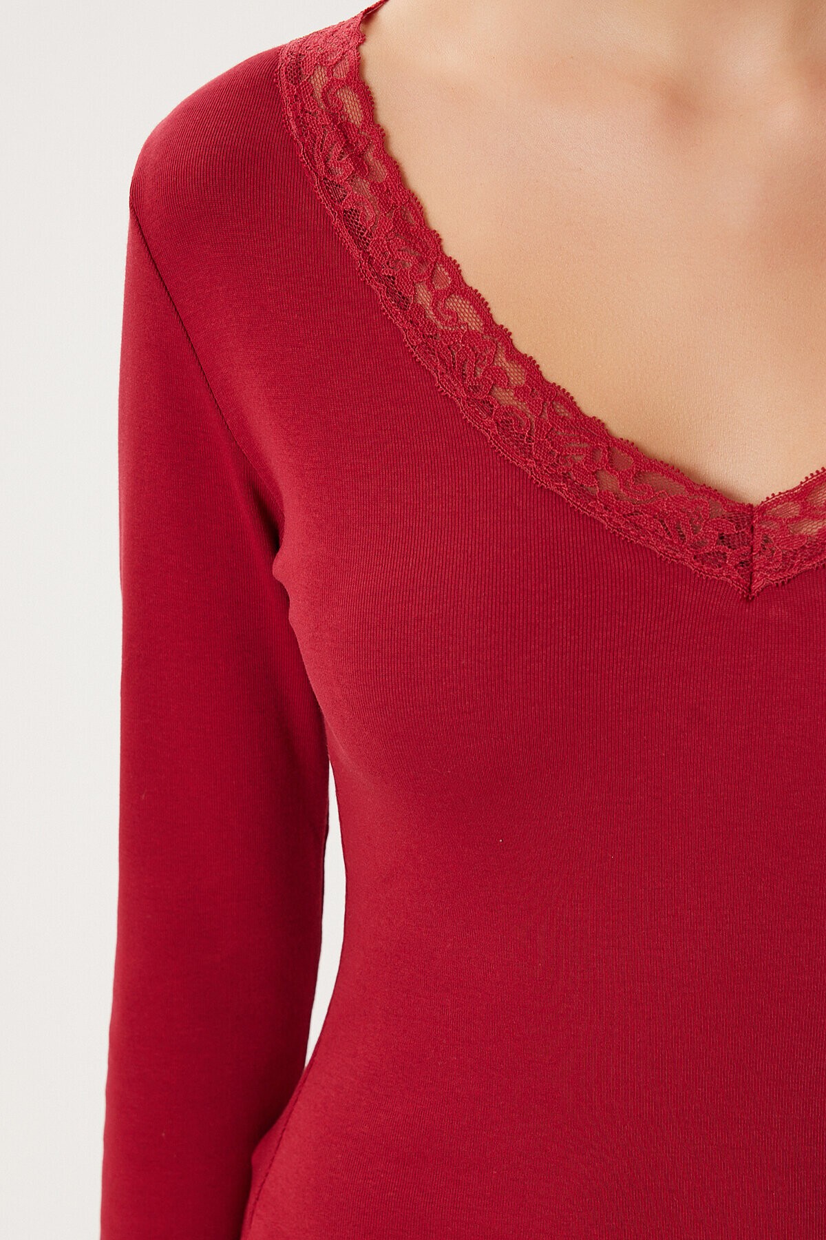 Dantel Detaylı Örme Bluz BORDO LUB0312