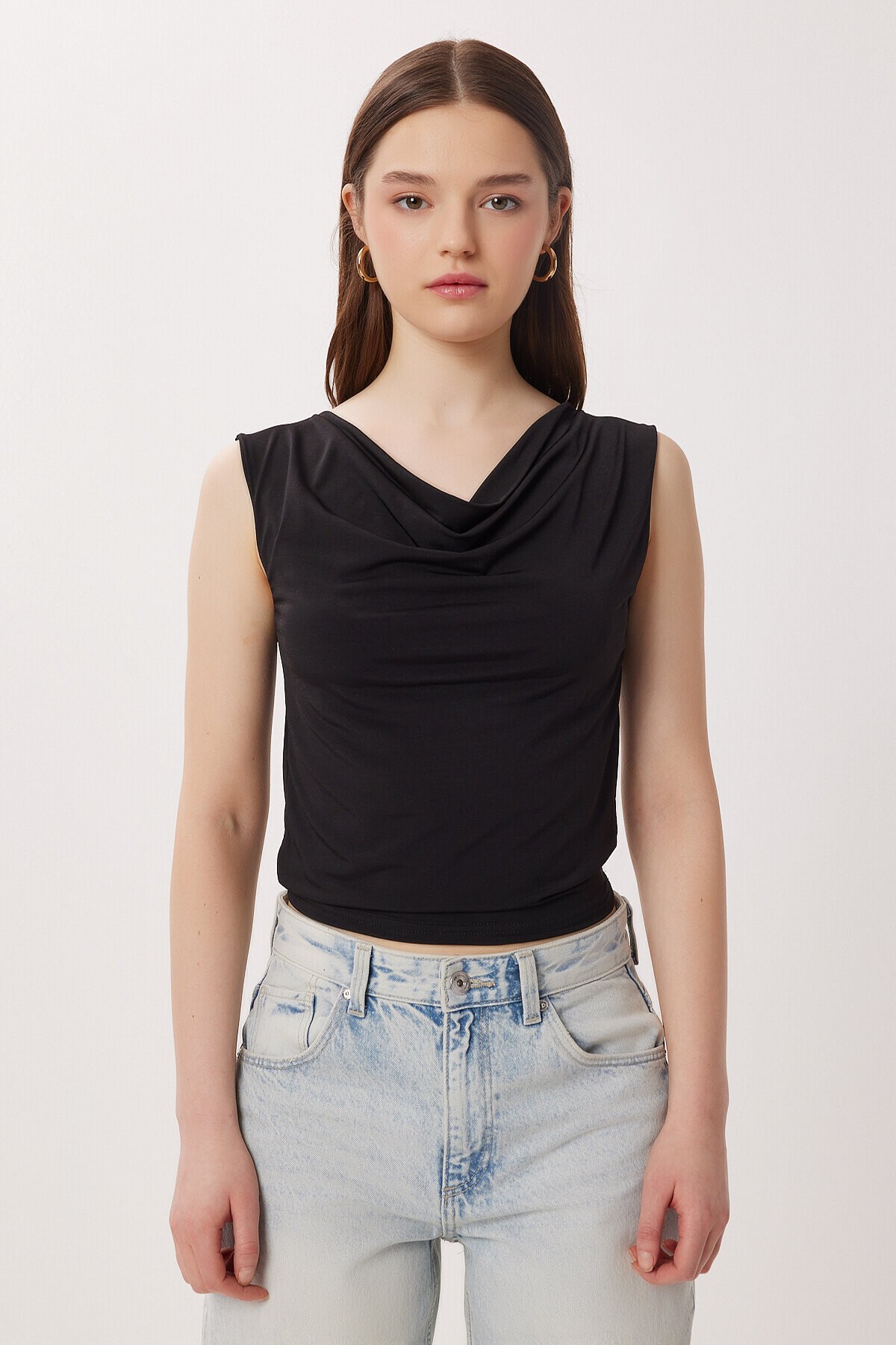 Degaje Yaka Sandy Örme Bluz SİYAH LRN0033
