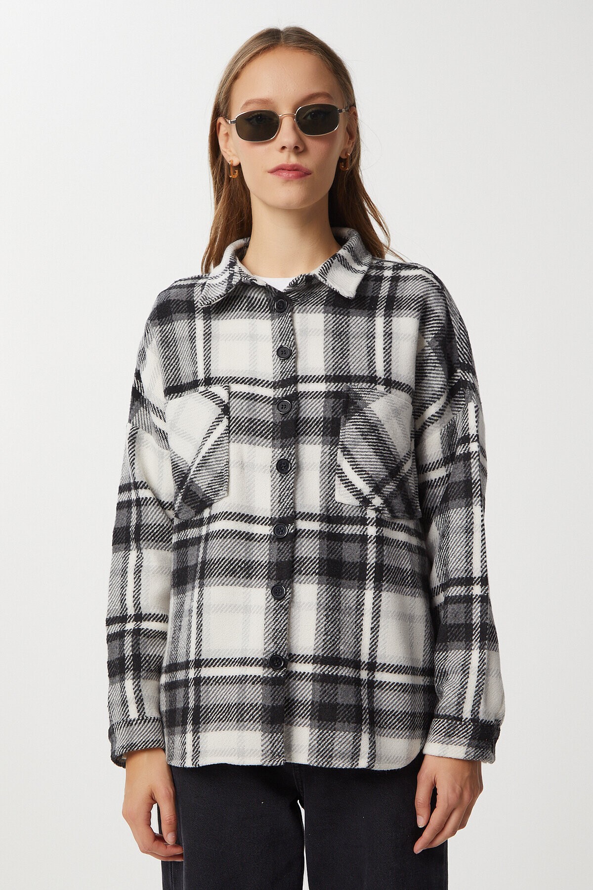 Desenli Oversize Kaşe Oduncu Gömlek SİYAH BEYAZ LTU0001