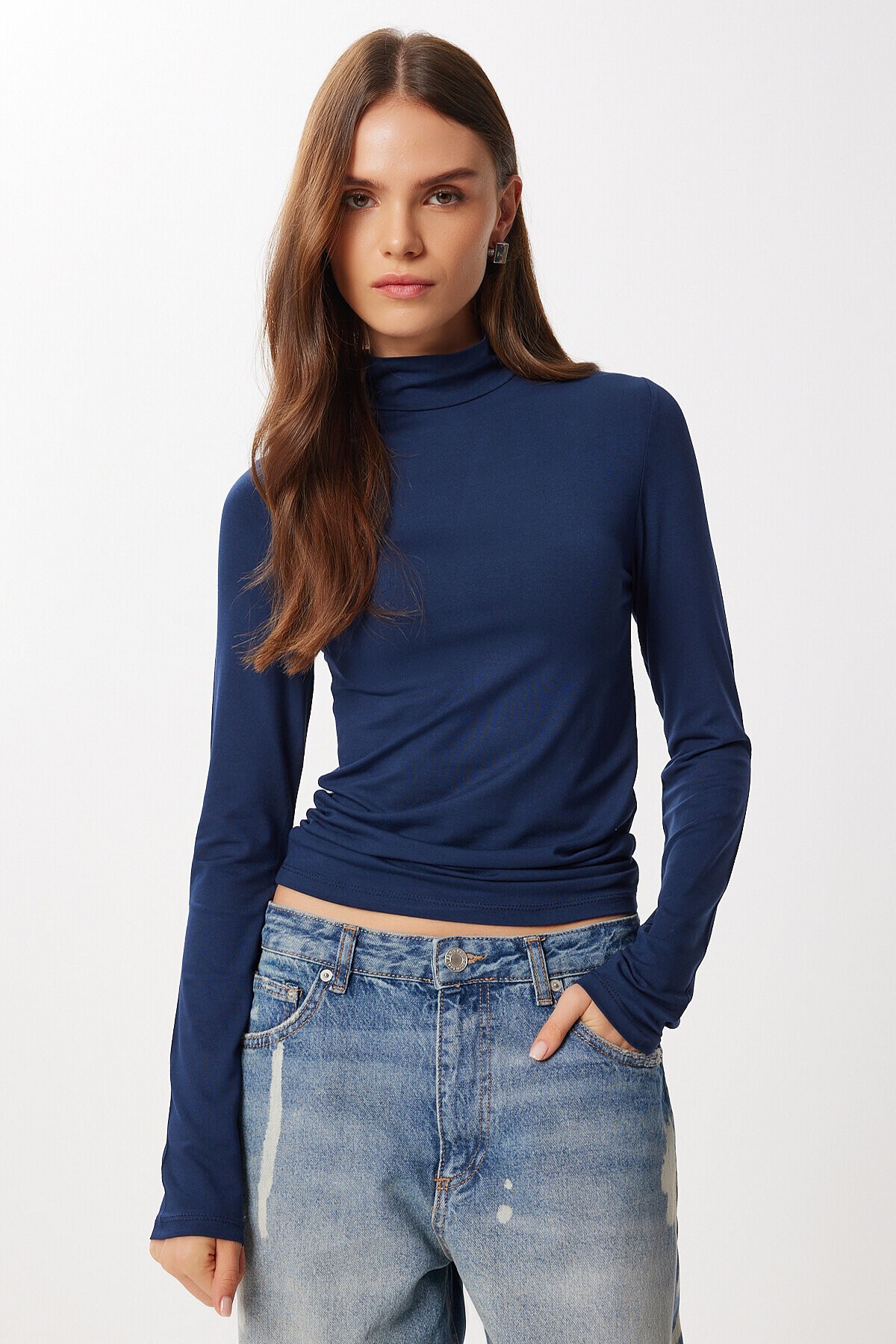 Dik Yaka Saran Esnek Örme Bluz LACİVERT LUB0013