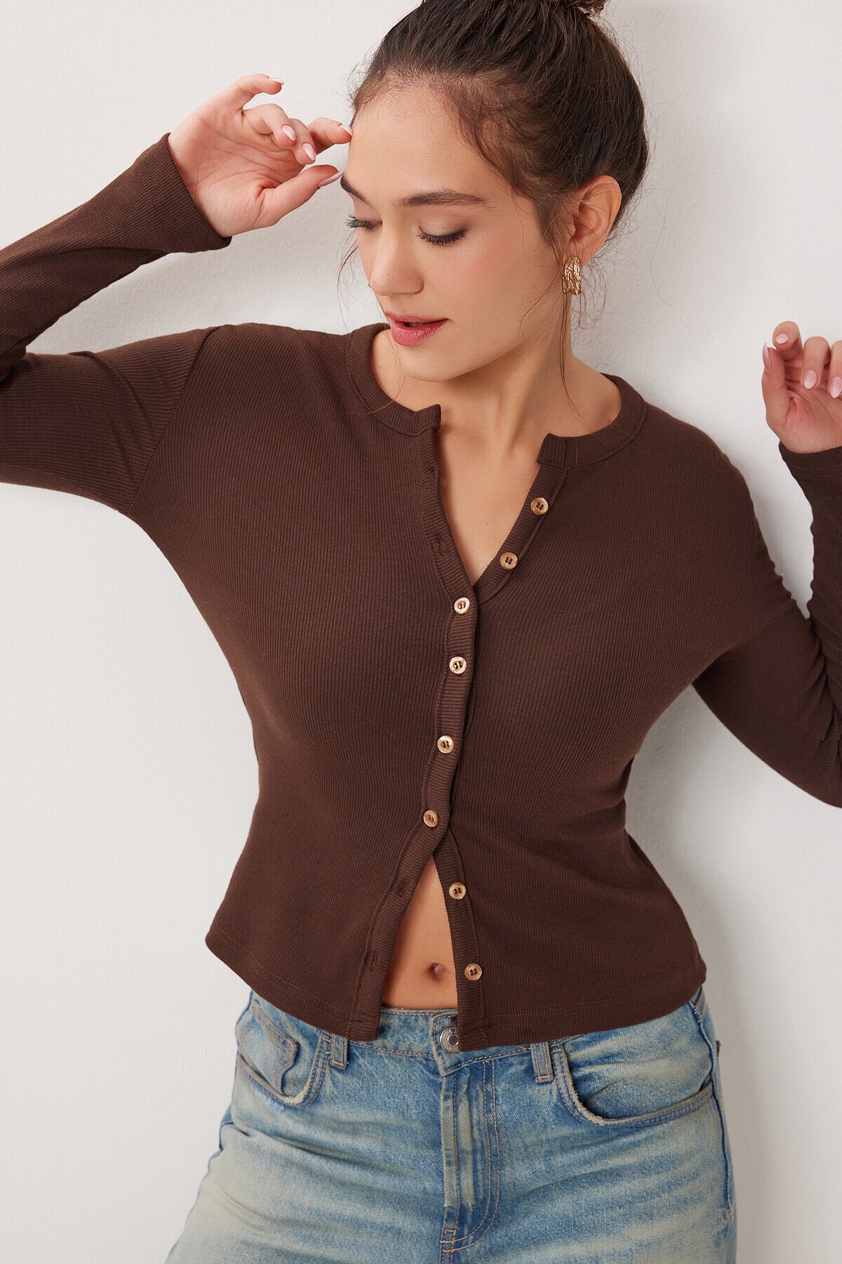 Düğmeli Basic Fitili Örme Hırka KAHVERENGİ LRN0001