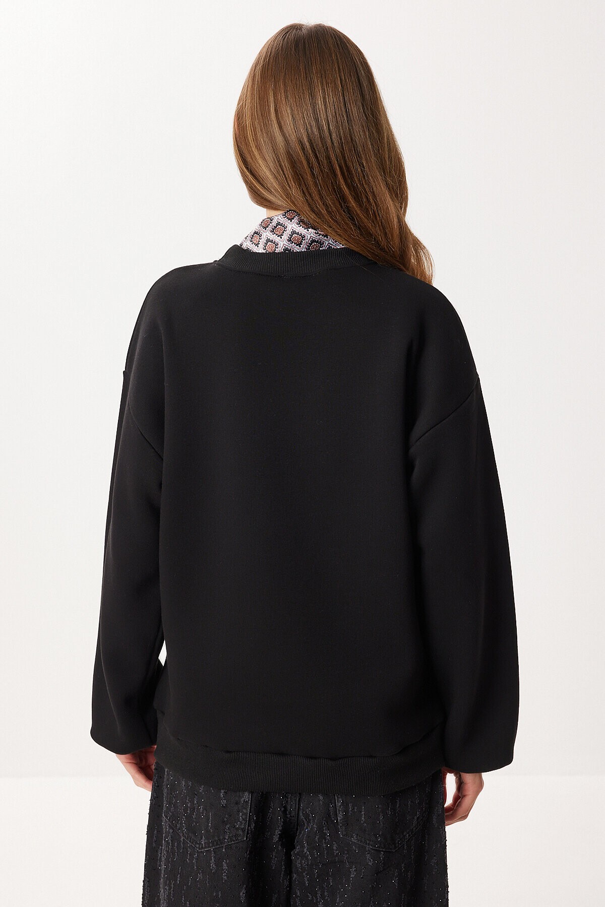Fular Detaylı Şardonlu Örme Sweatshirt SİYAH LPX0005