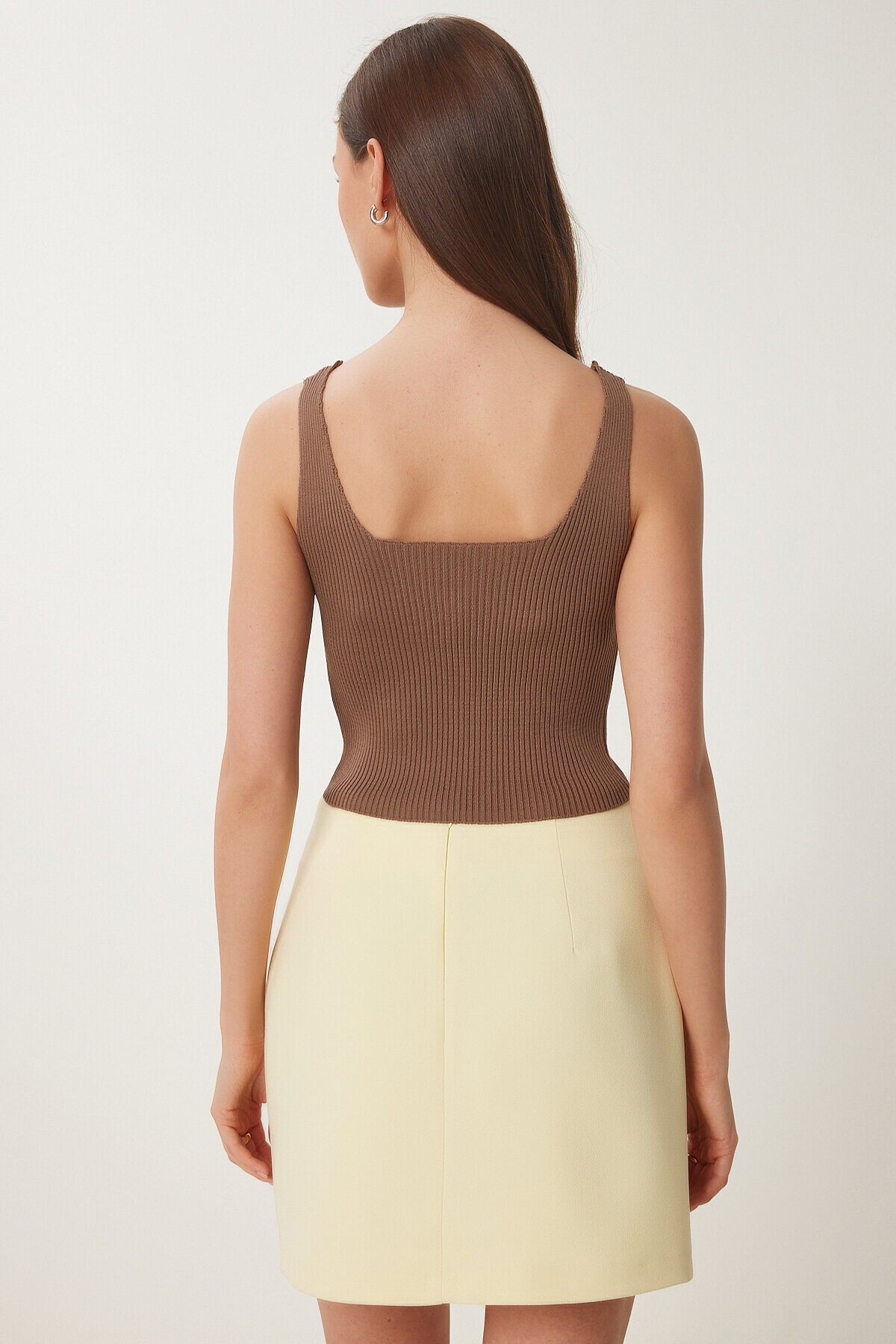 Gold Aksesuarlı Crop Fitilli Triko Bluz KAHVERENGİ LKİ0028