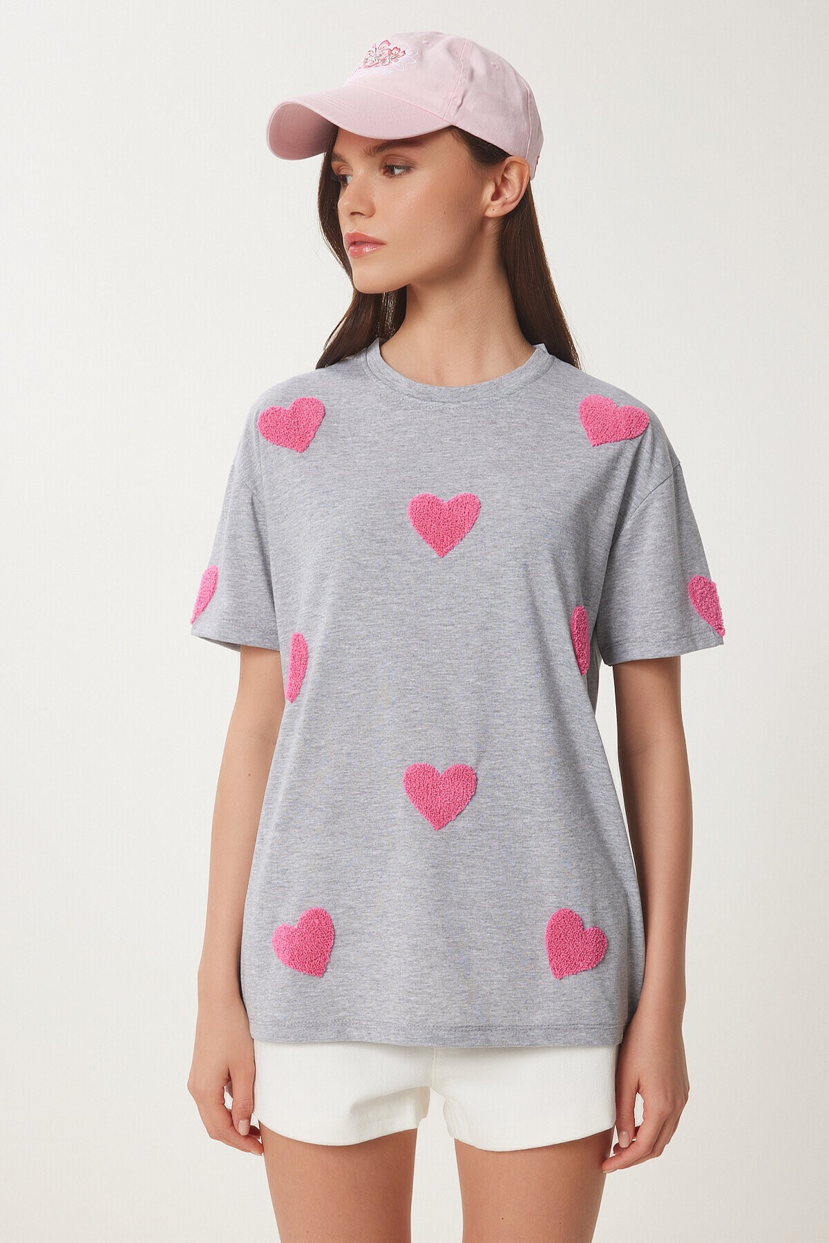 Kalp Dokulu Pamuklu Örme T-shirt GRİ MELANJ LMP0009