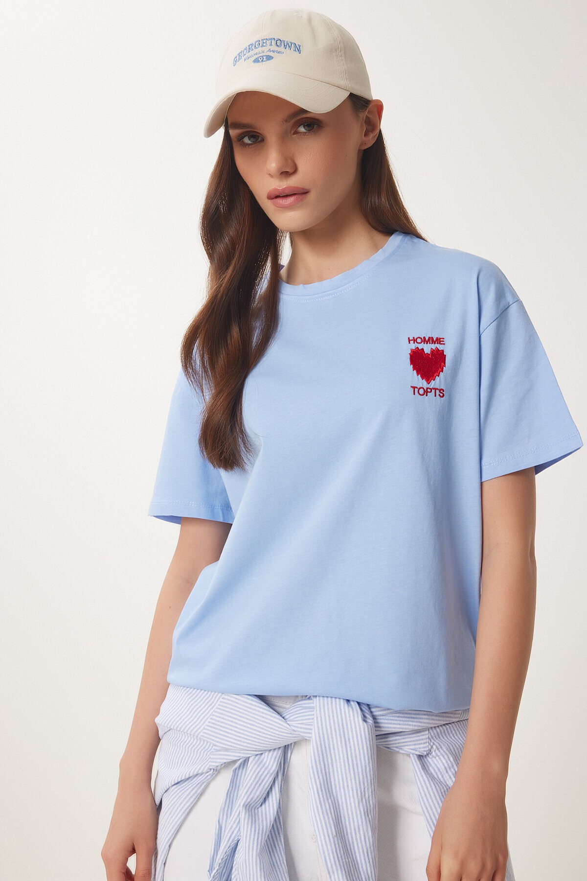 Kalp Nakışlı Pamuklu Örme T-shirt MAVİ LMP0007